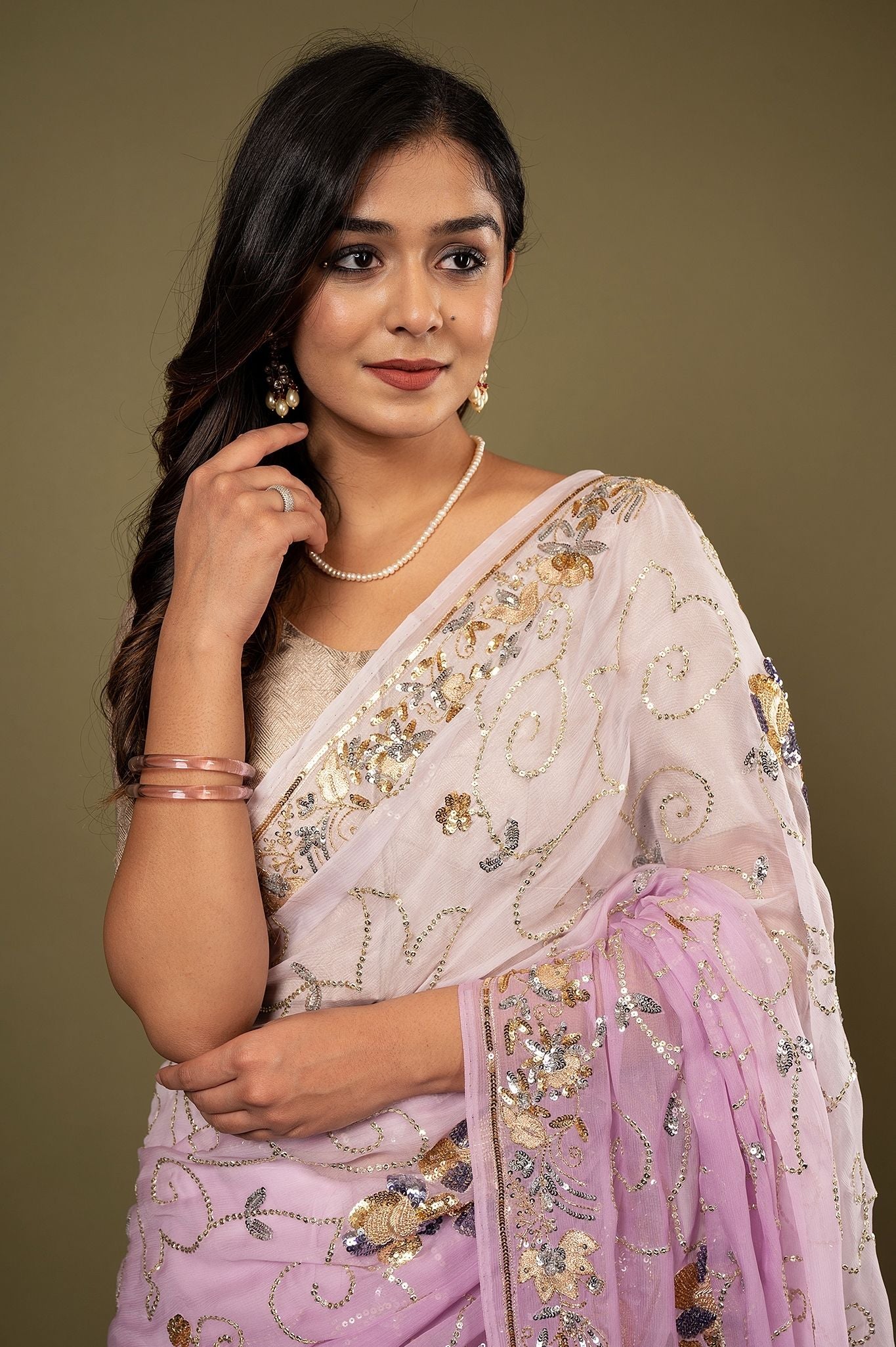 Pink light dark pure chiffon aari sequins  zardozi border jaal handwork saree