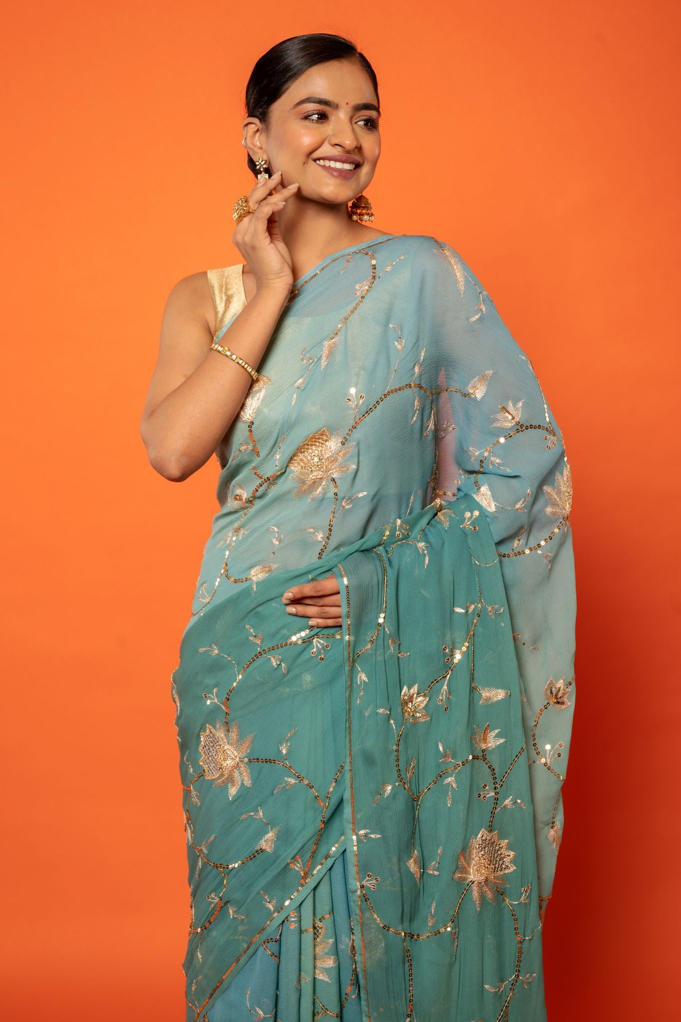 Greyish blue pure chiffon aari sequins  jaal handwork saree
