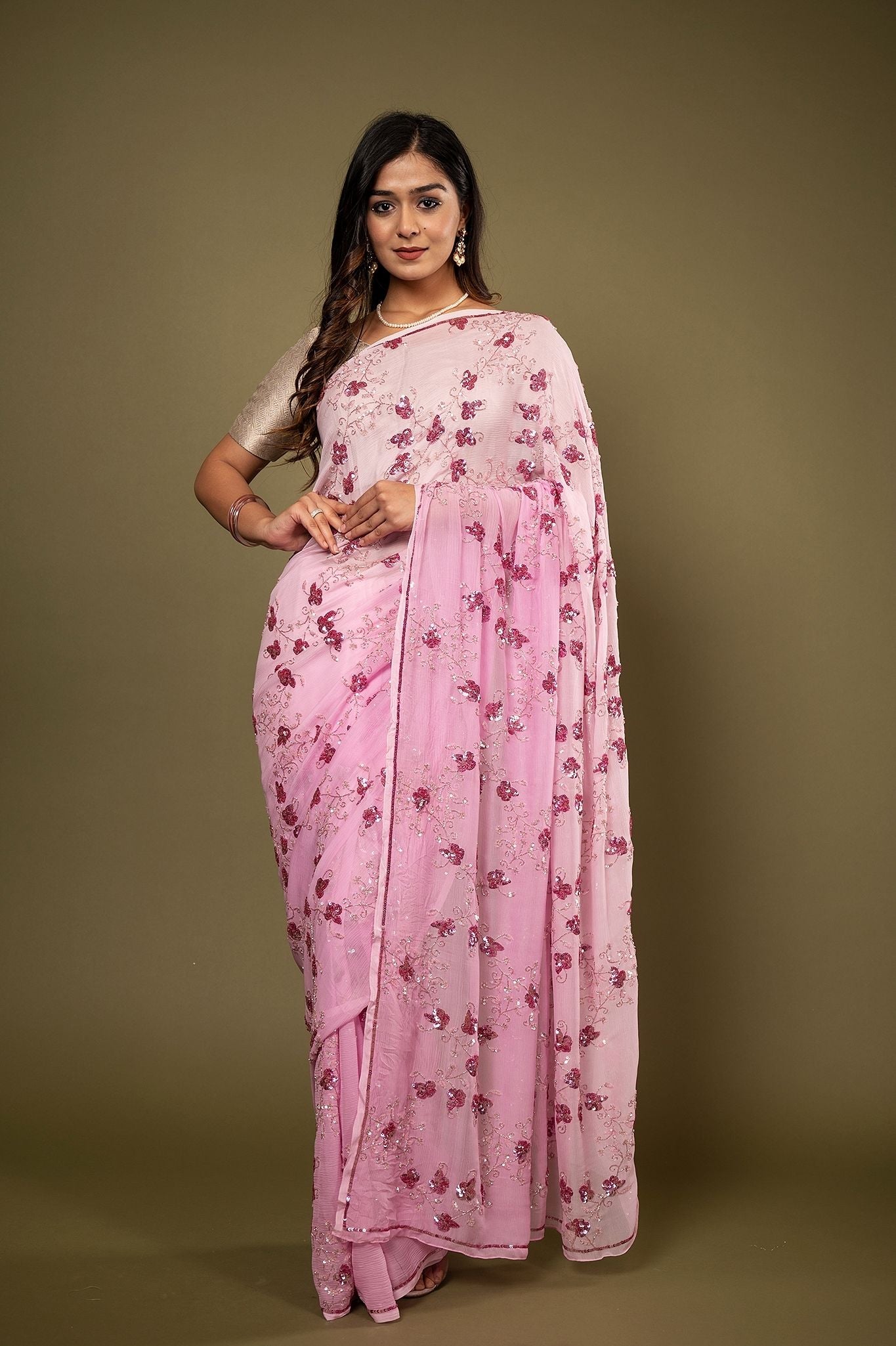 Pink light dark Pure Chiffon sequins  kardana jaal handwork saree
