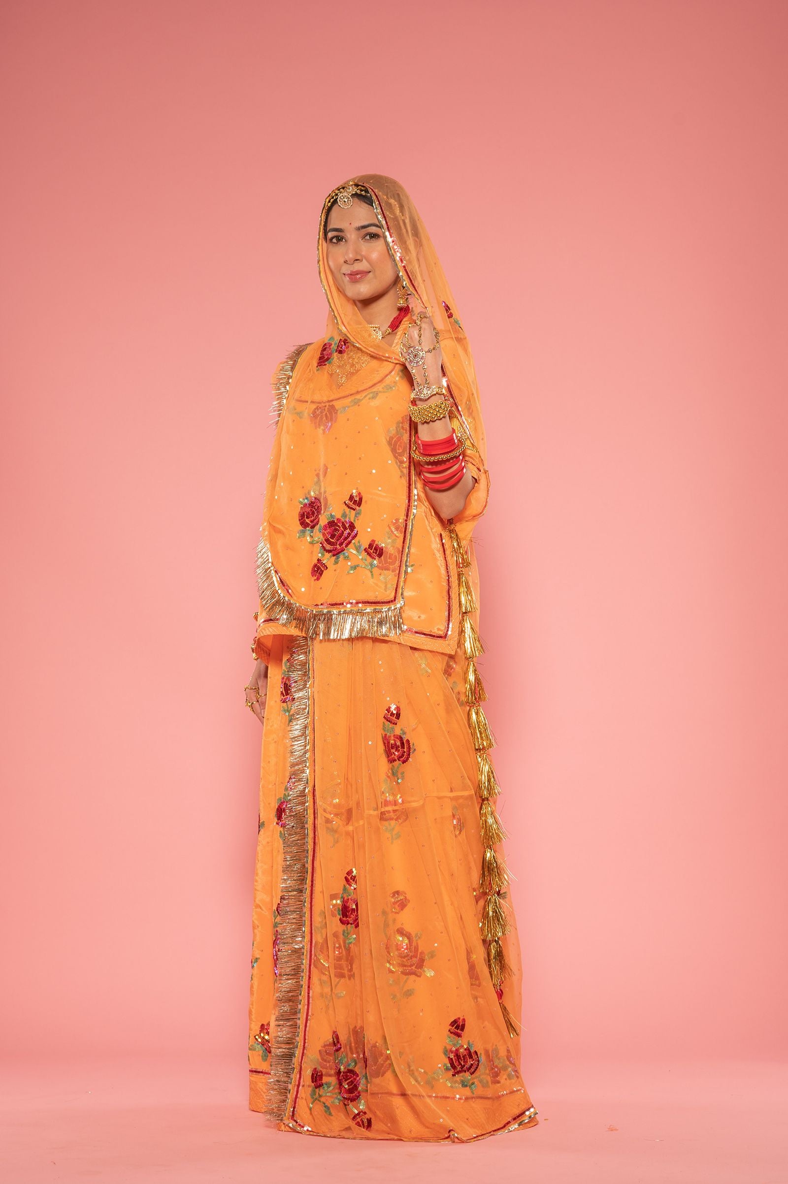 orange Crepe sequins motif handwork poshak with pure odhna