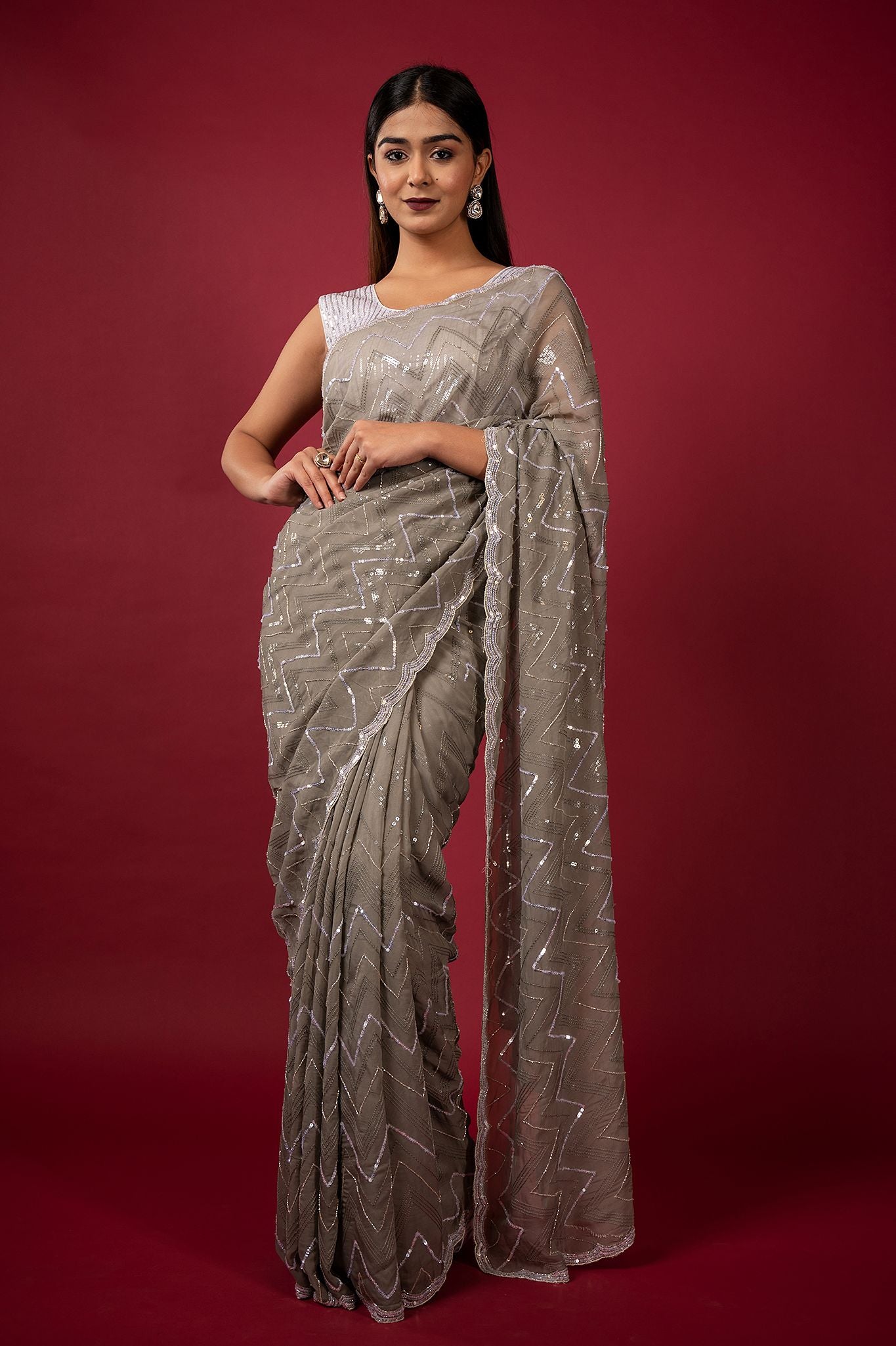 Grey Pure Georgette pearl sequins kardana handwork saree
