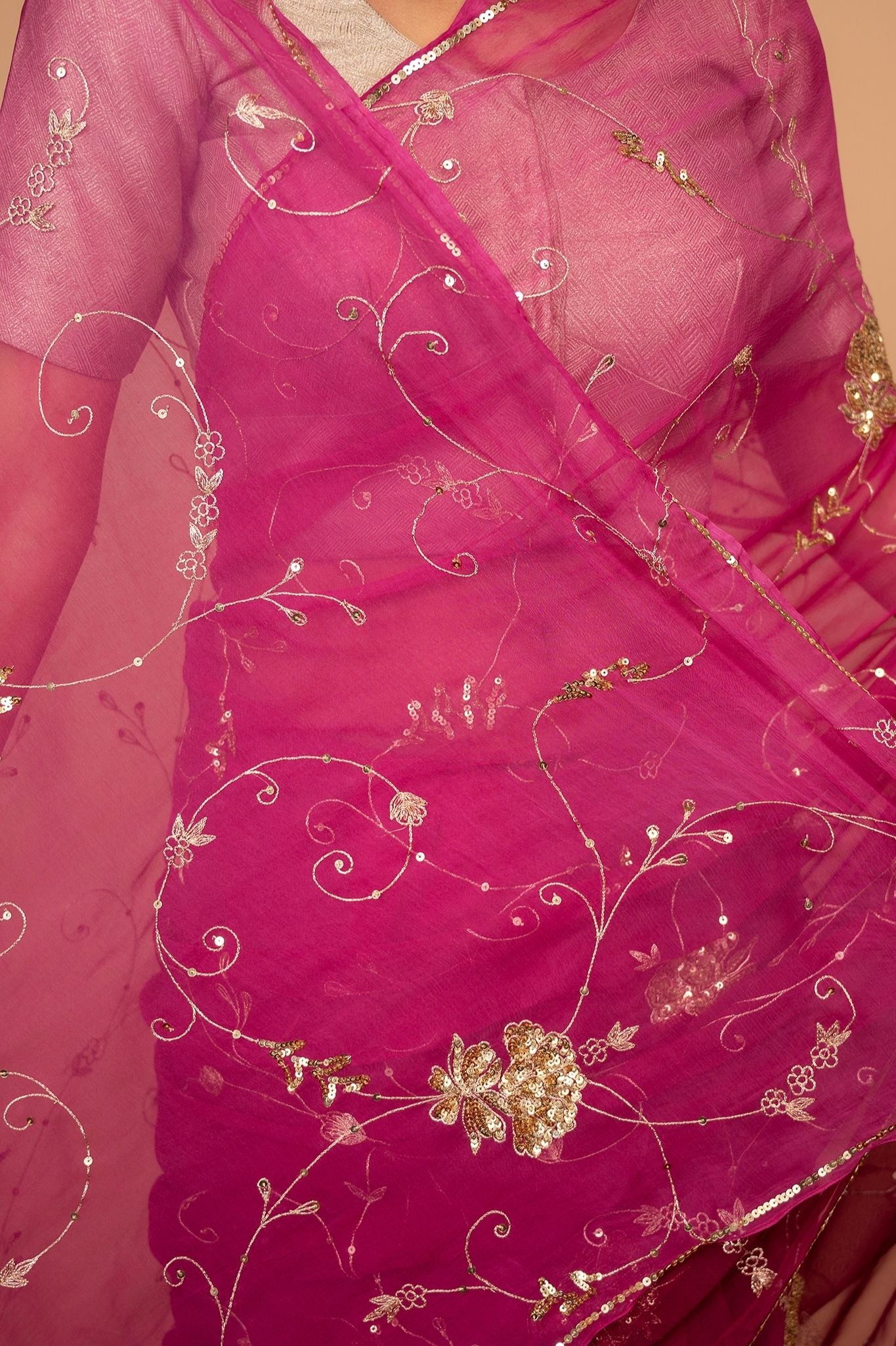 Wine Viscose Chiffon Aari sequins  Jaal Handwork party wear Saree