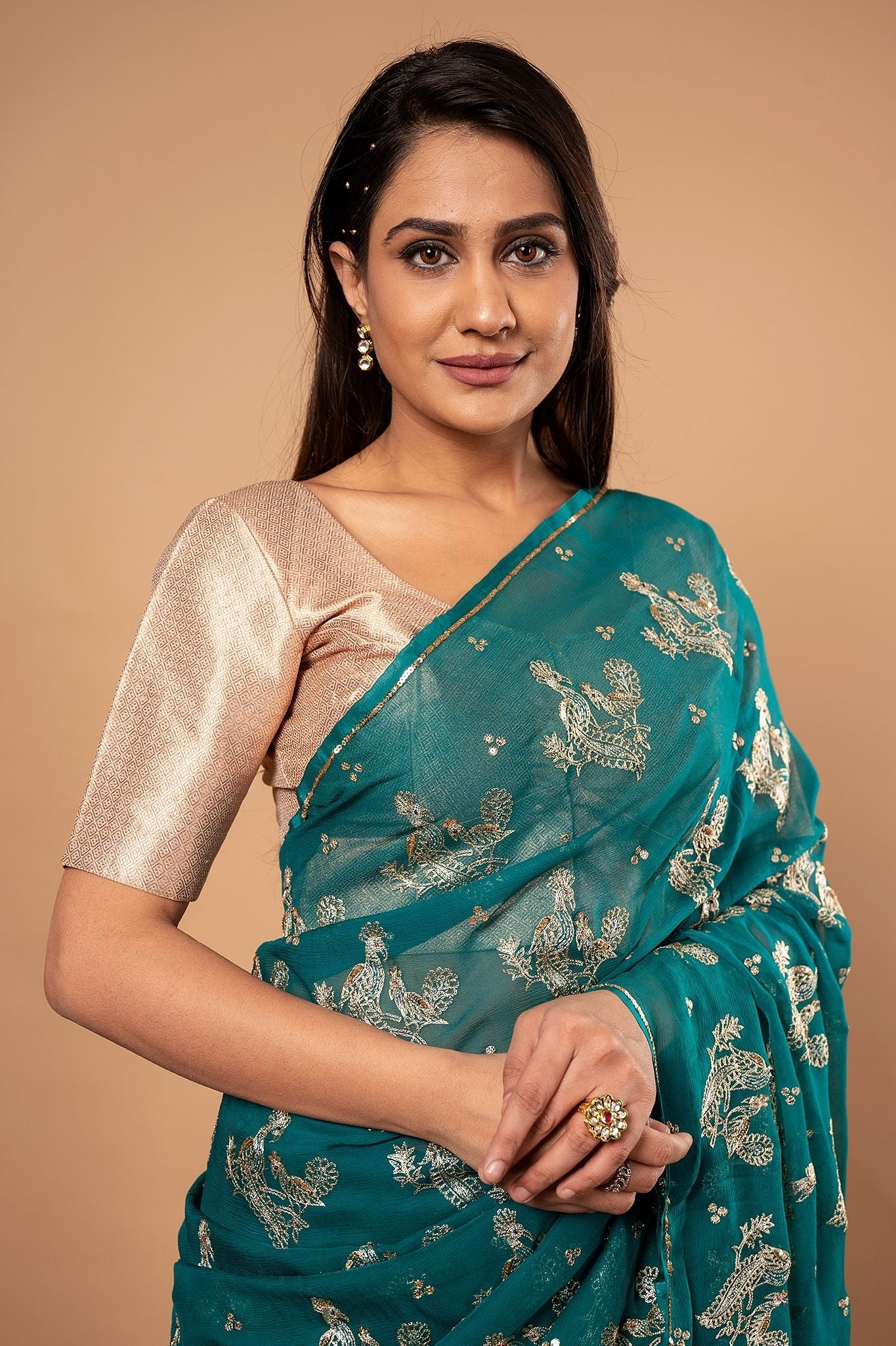 Rama green pure chiffon Aari motif handwork saree