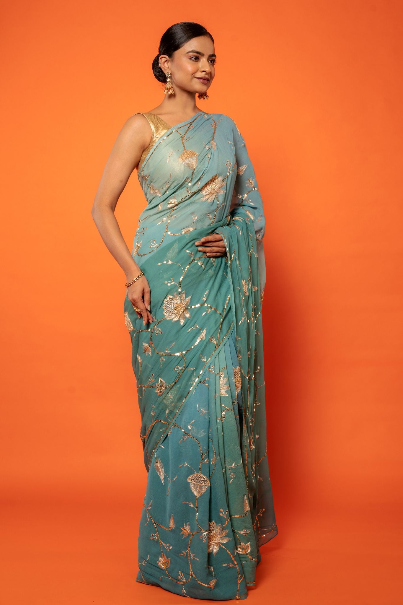 Greyish blue pure chiffon aari sequins  jaal handwork saree