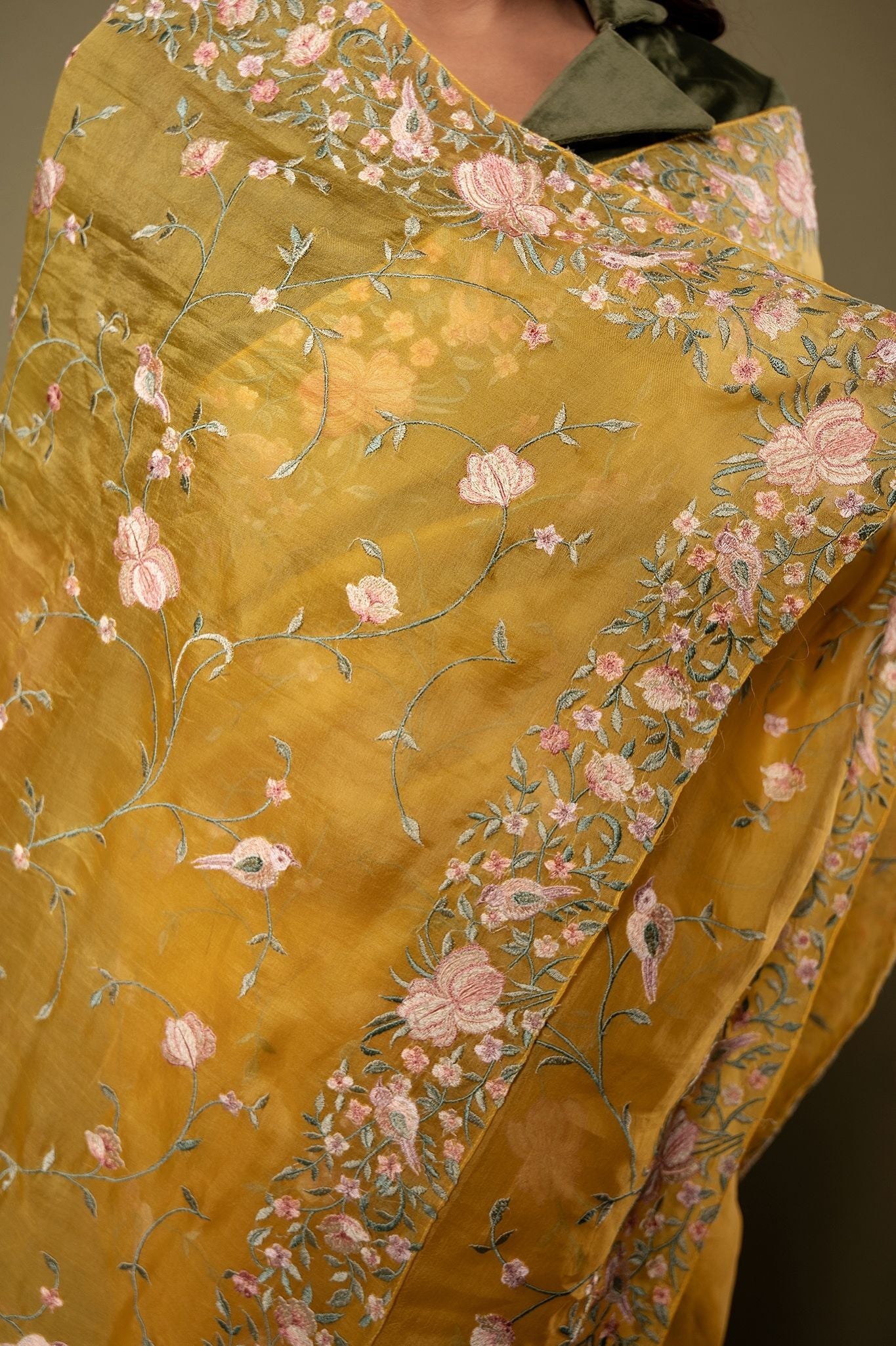 Yellow  Organza  resham border jaal handwork saree