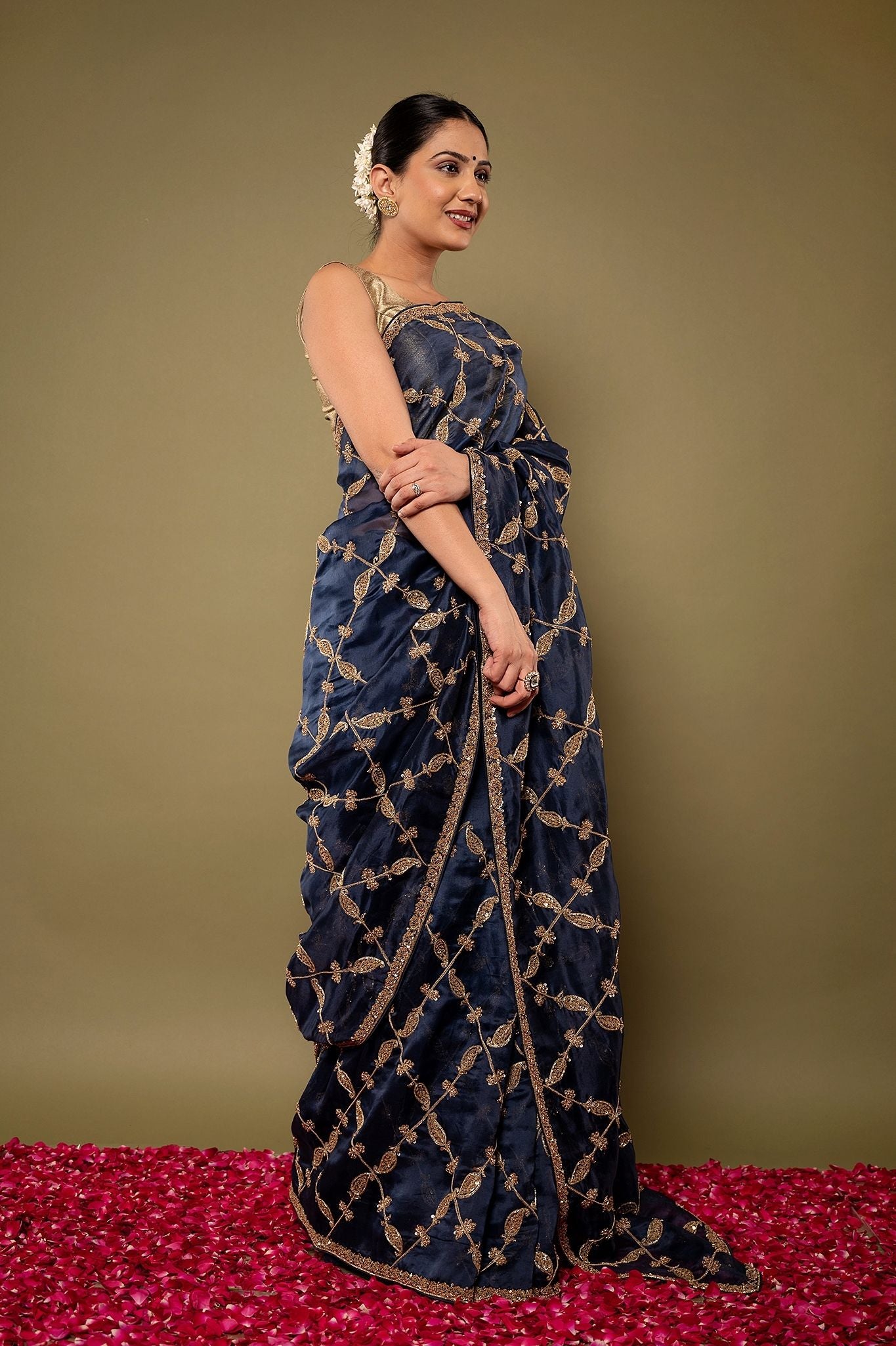 Blue pure organza Dori Dapka sequins  jaal handwork saree