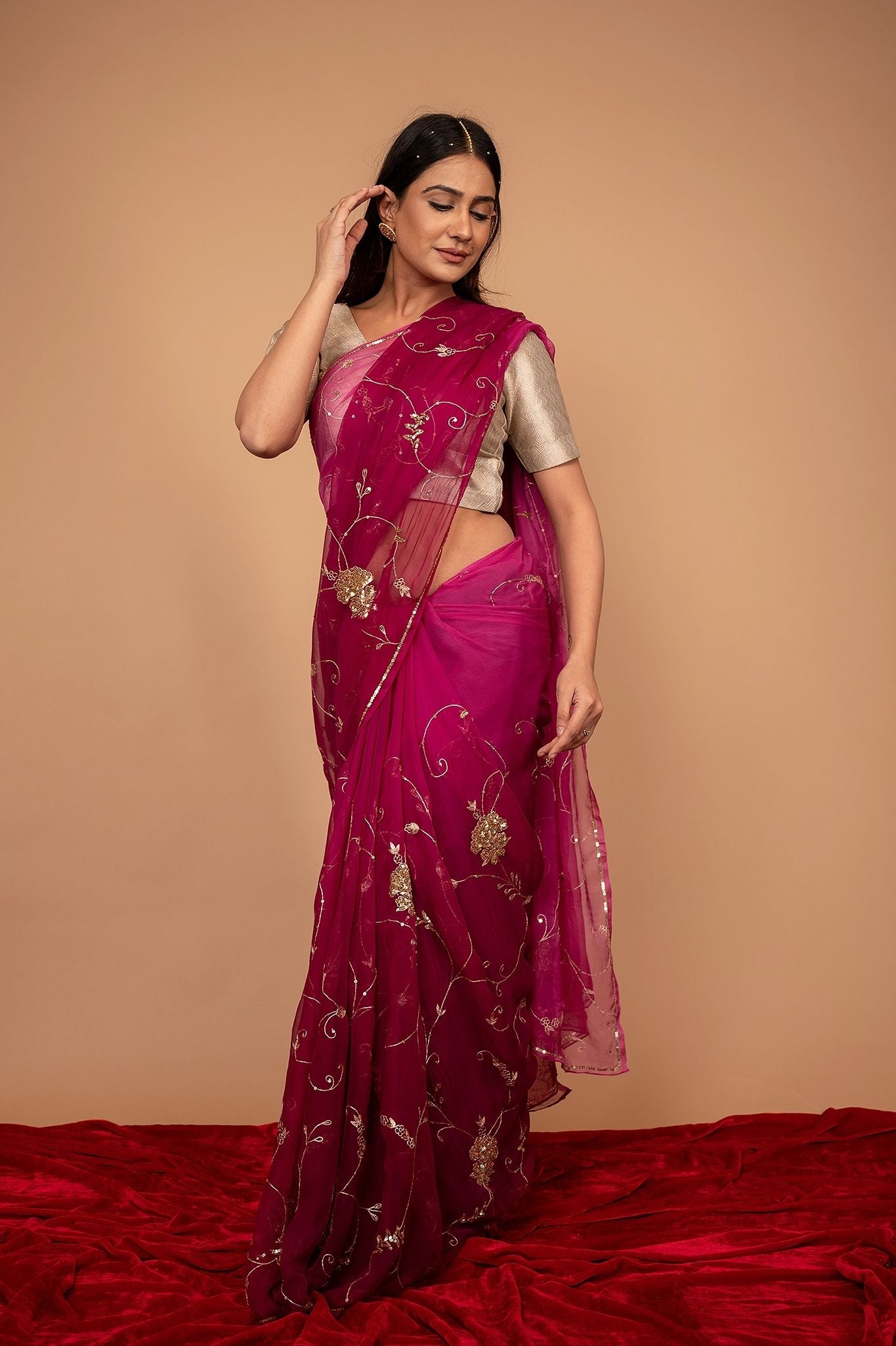 Wine Viscose Chiffon Aari sequins  Jaal Handwork party wear Saree