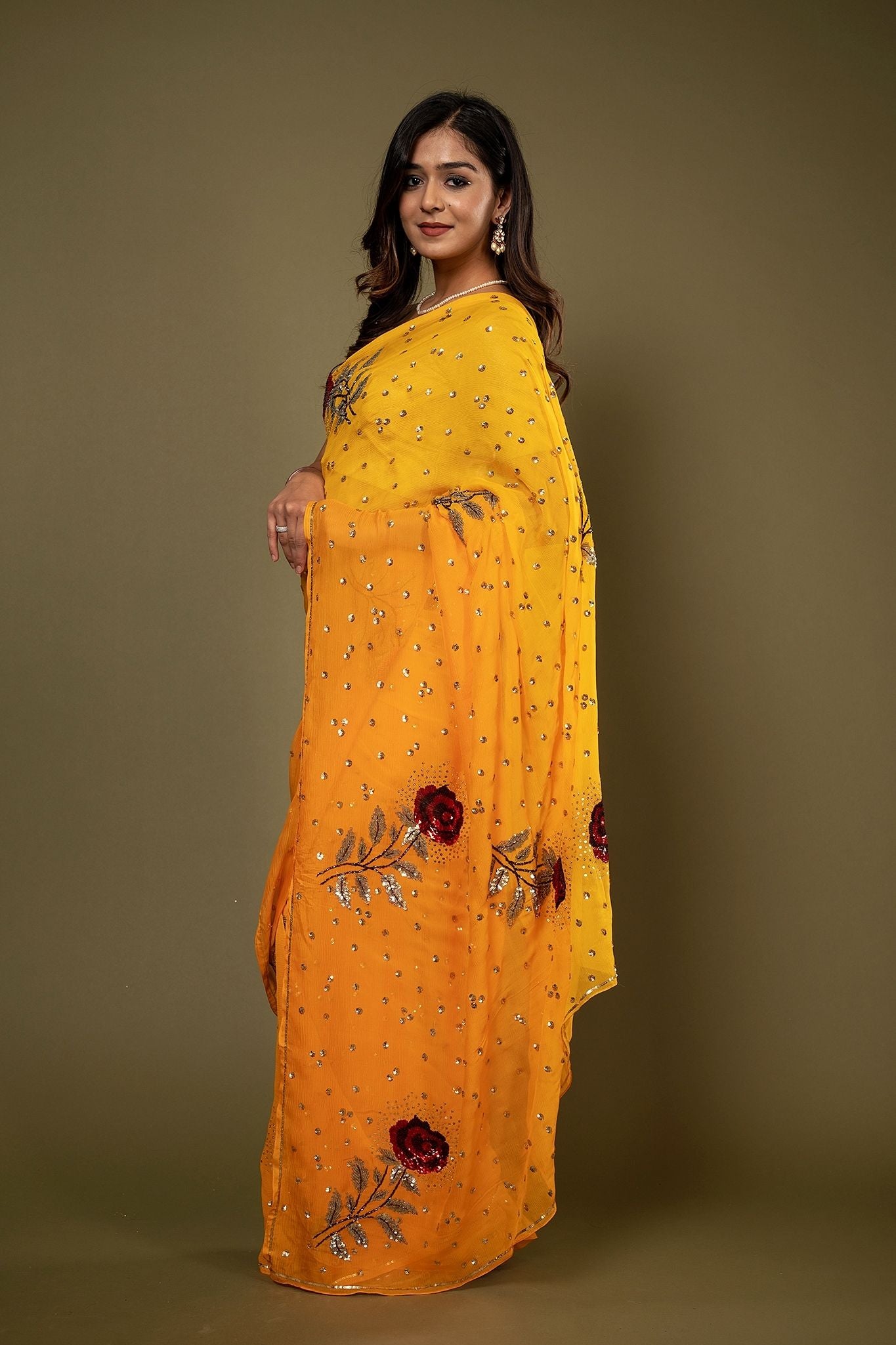 Mustard pure chiffon Sequins kardana motif handwork saree