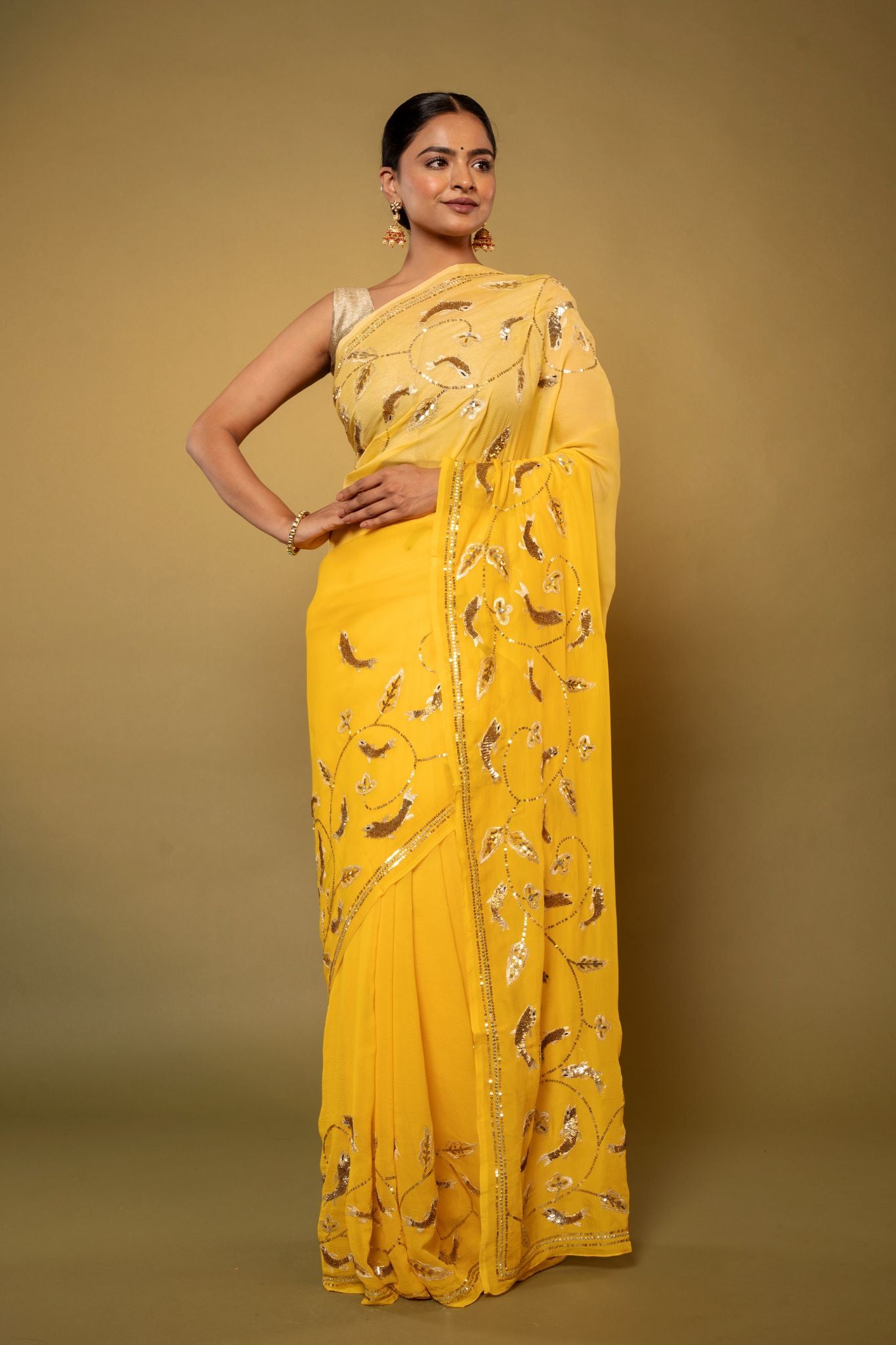 Yellow pure chiffon aari sequins  jaal handwork saree