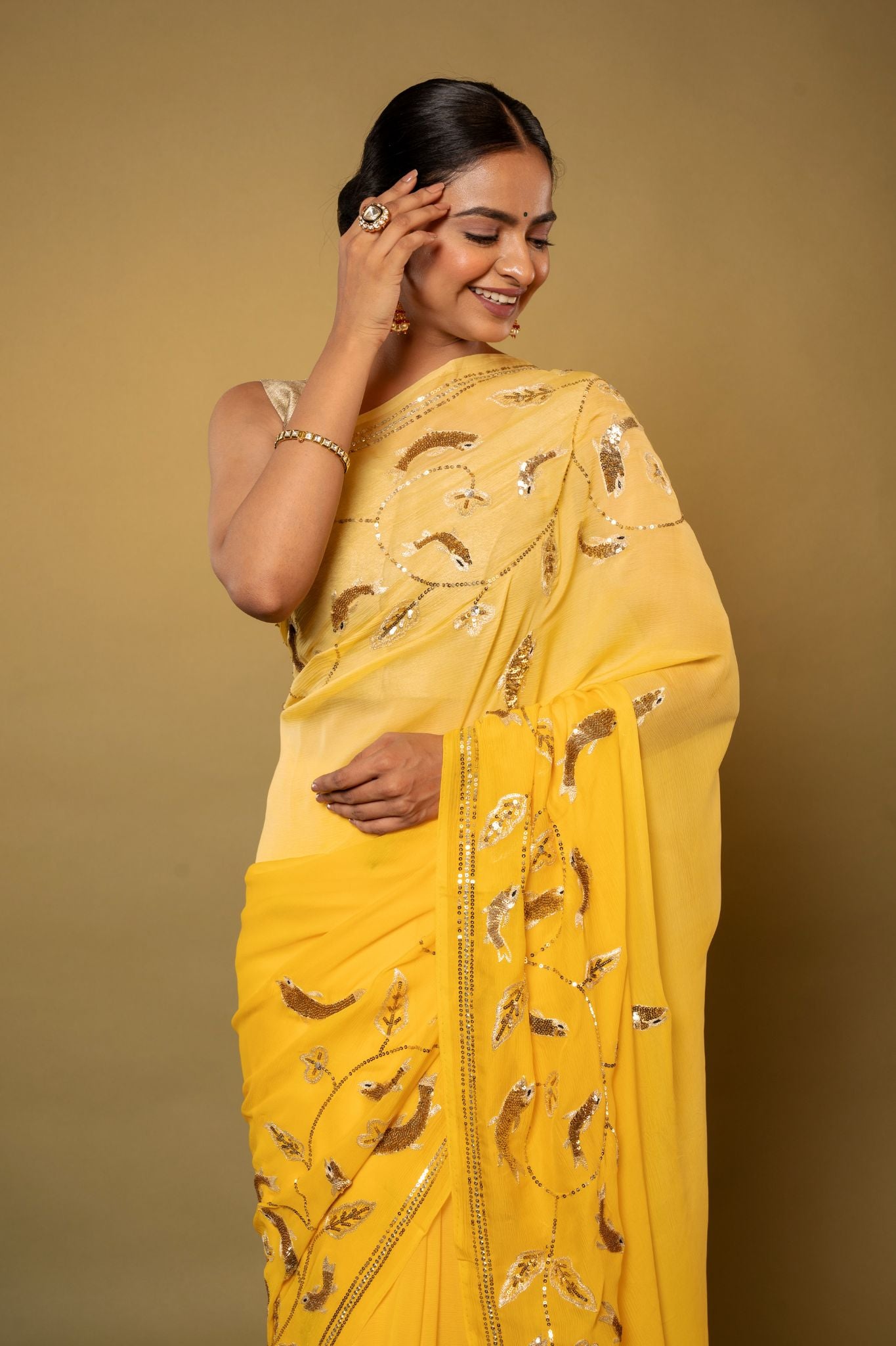 Yellow pure chiffon aari sequins  jaal handwork saree