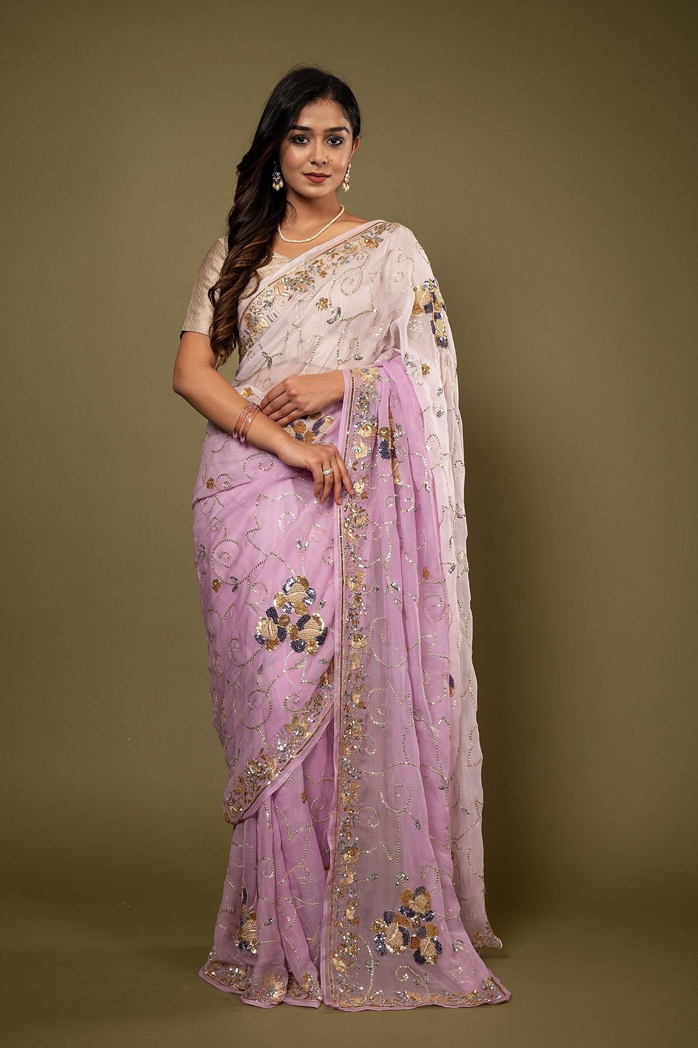 Pink light dark pure chiffon aari sequins  zardozi border jaal handwork saree