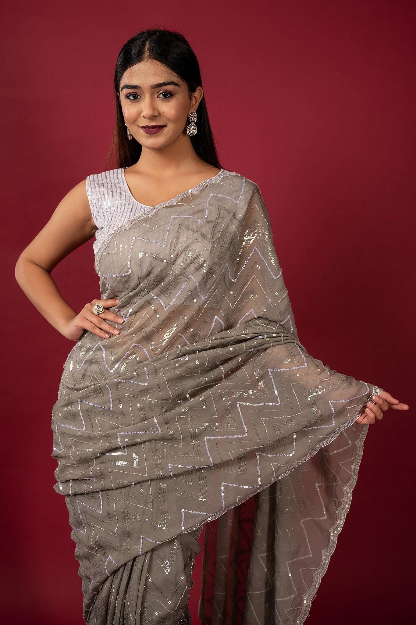 Grey Pure Georgette pearl sequins kardana handwork saree