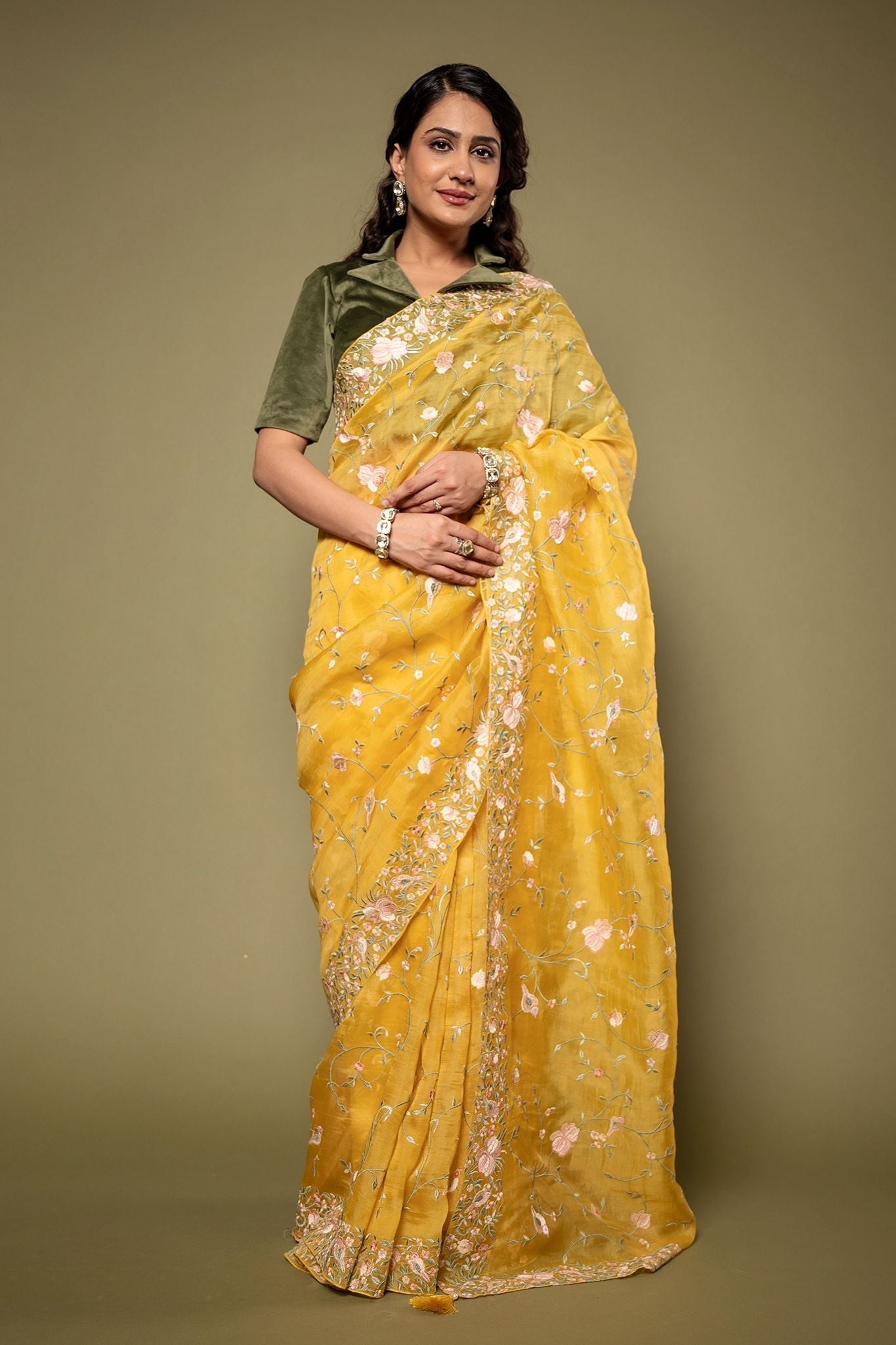 Yellow  Organza  resham border jaal handwork saree