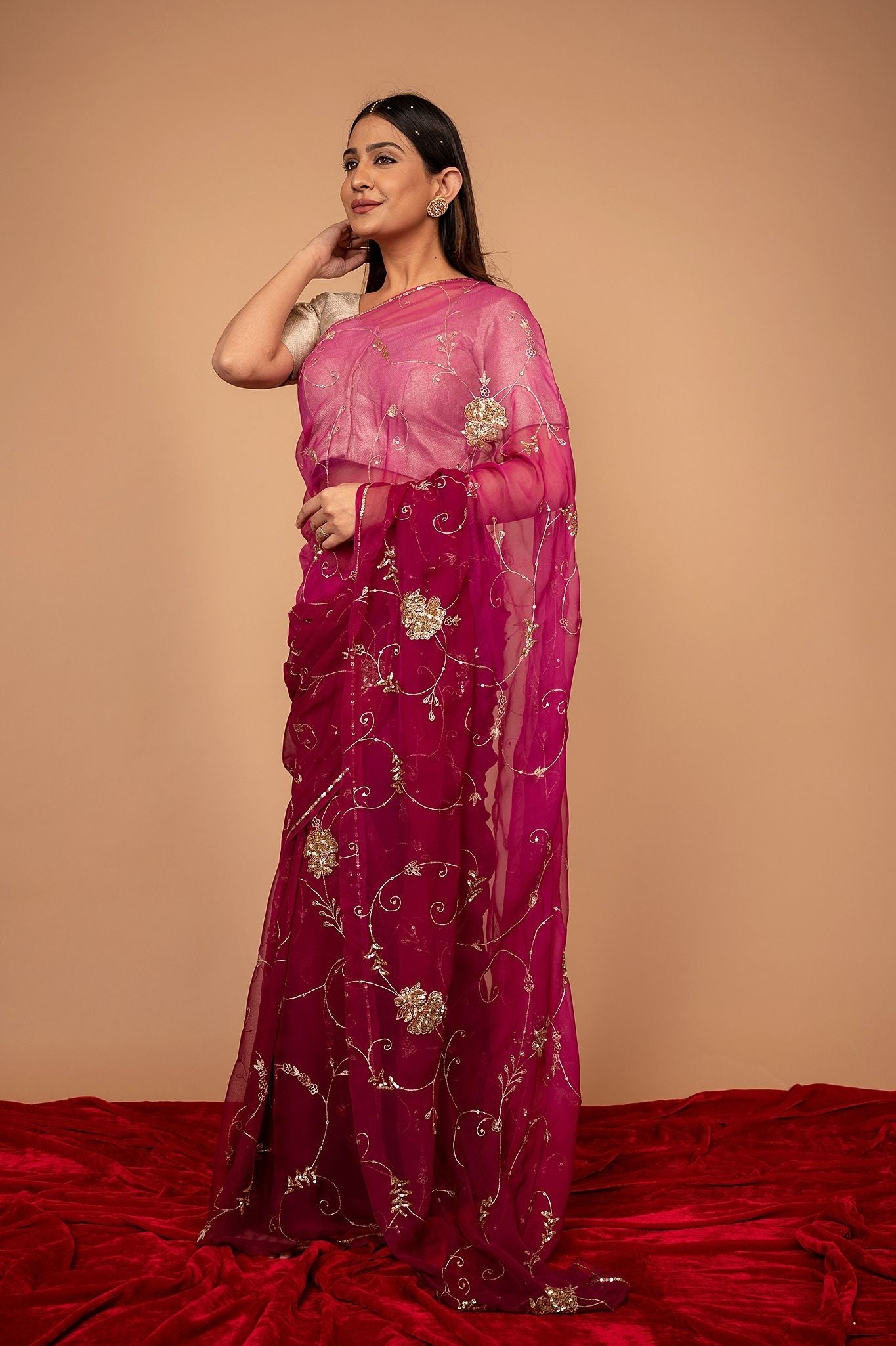 Wine Viscose Chiffon Aari sequins  Jaal Handwork party wear Saree