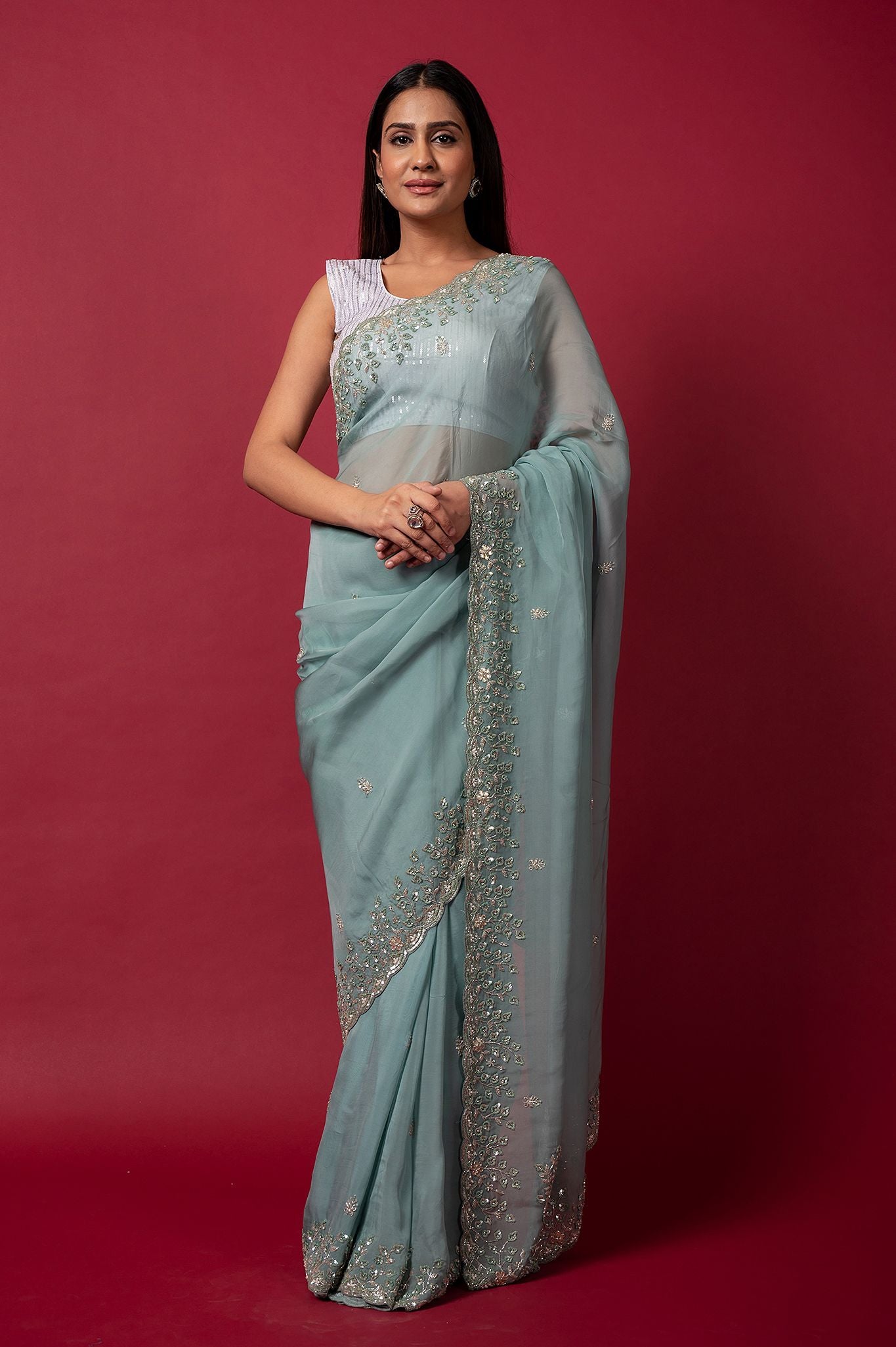 Sea Green  Tissue organza sequins kardana handwork saree