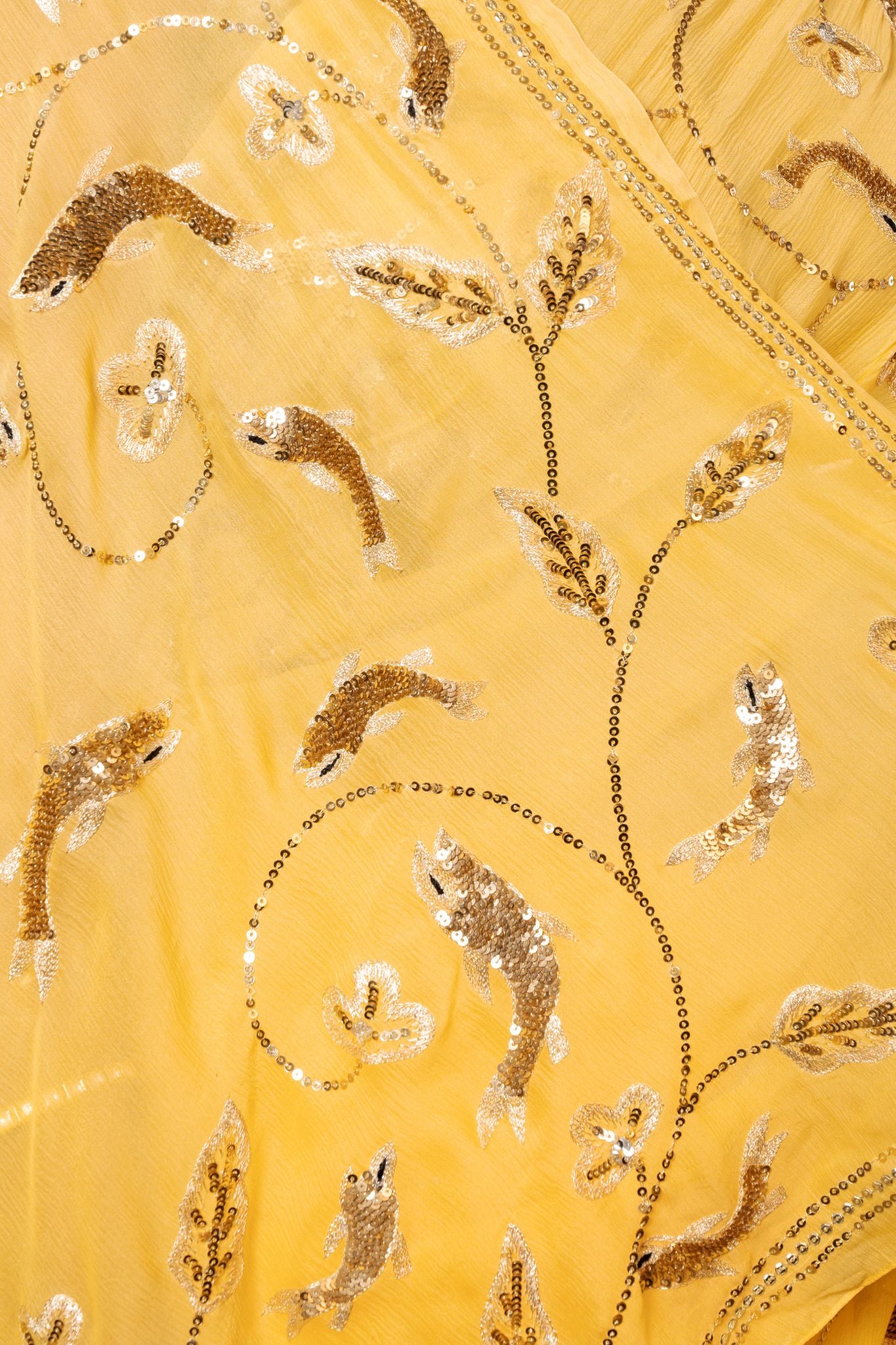 Yellow pure chiffon aari sequins  jaal handwork saree