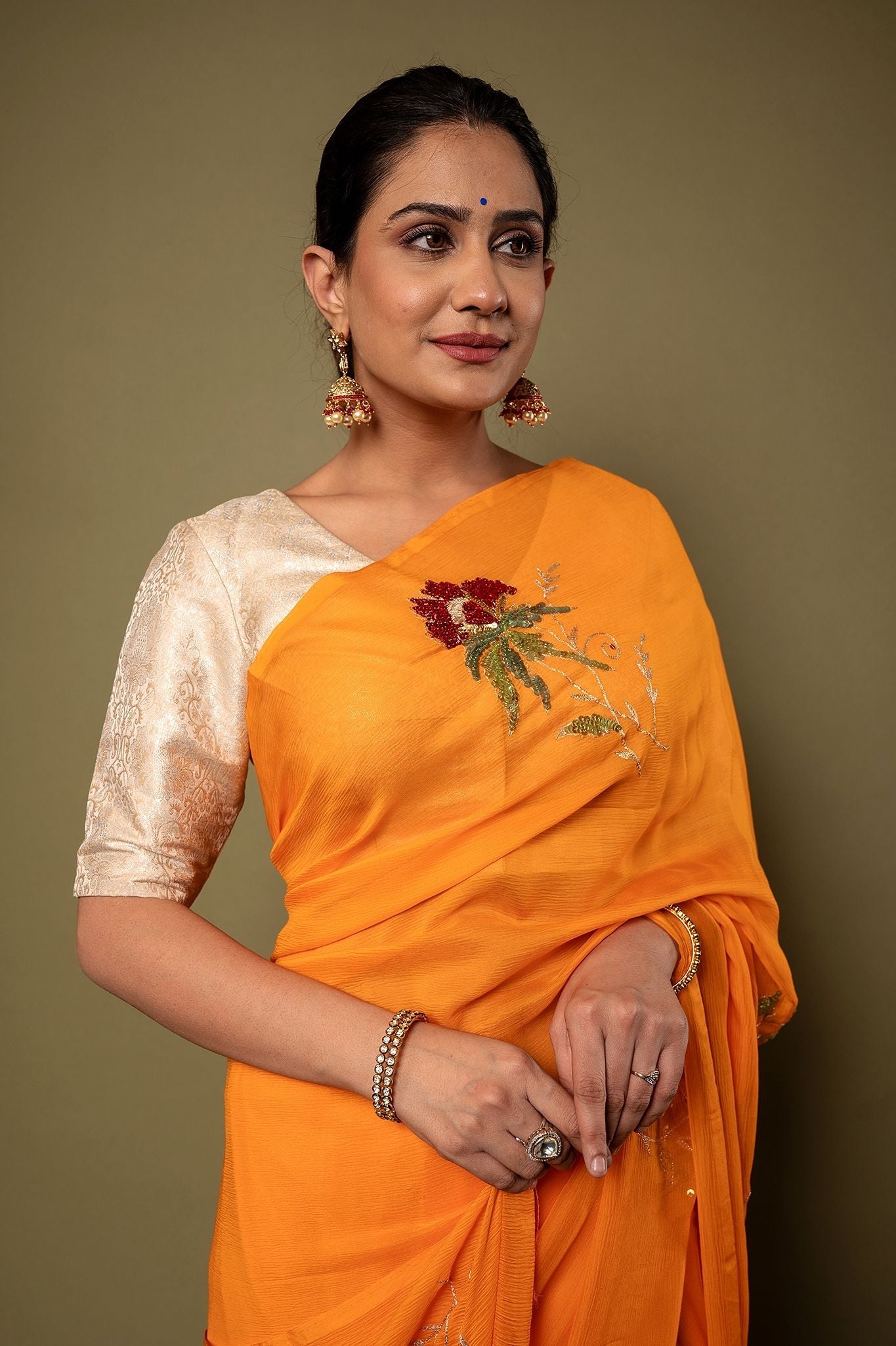 Kesariya yellow Pure Chiffon Aari sequins  Motif Handwork Saree