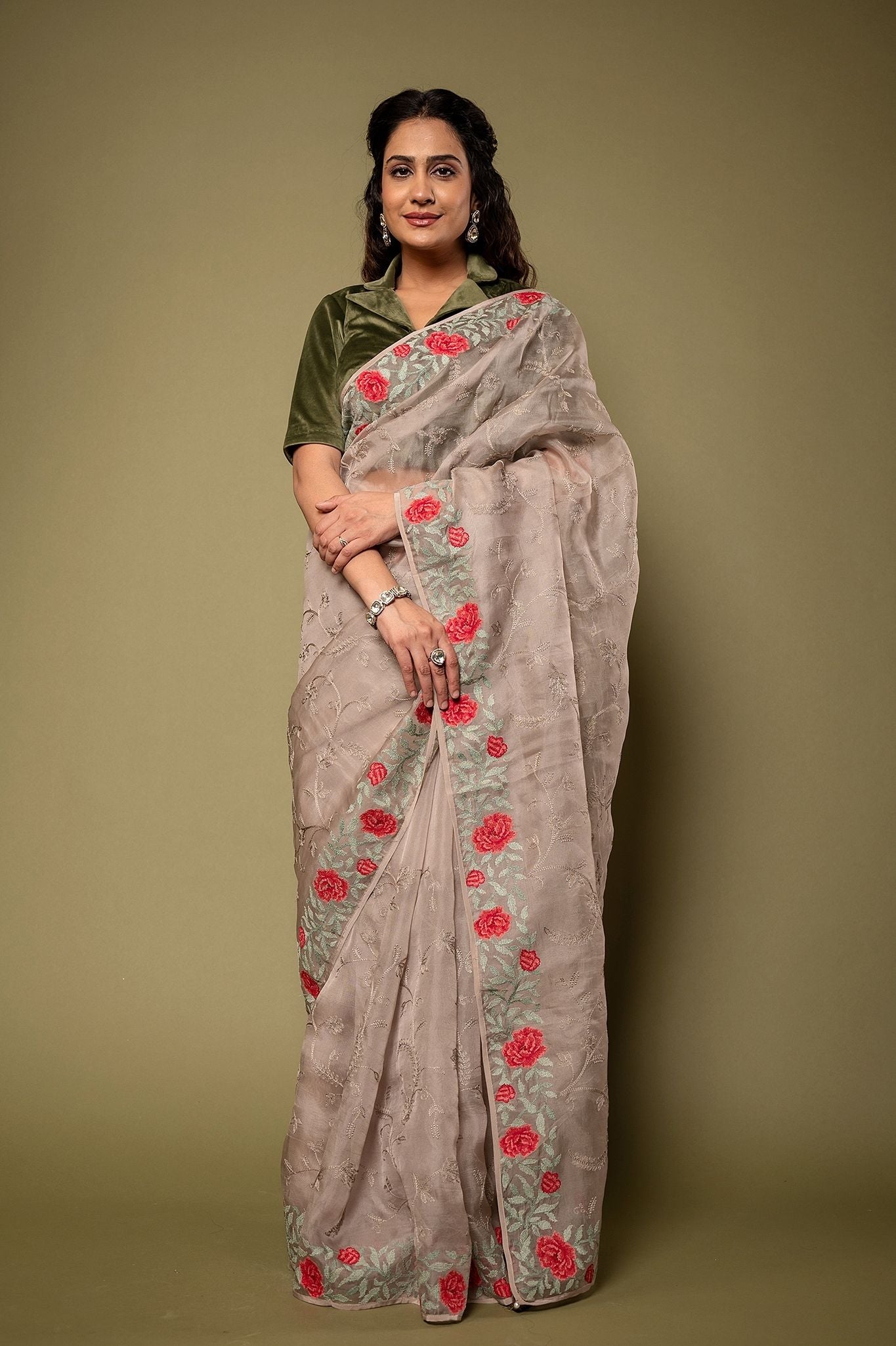 Grey Organza  resham border jaal handwork saree
