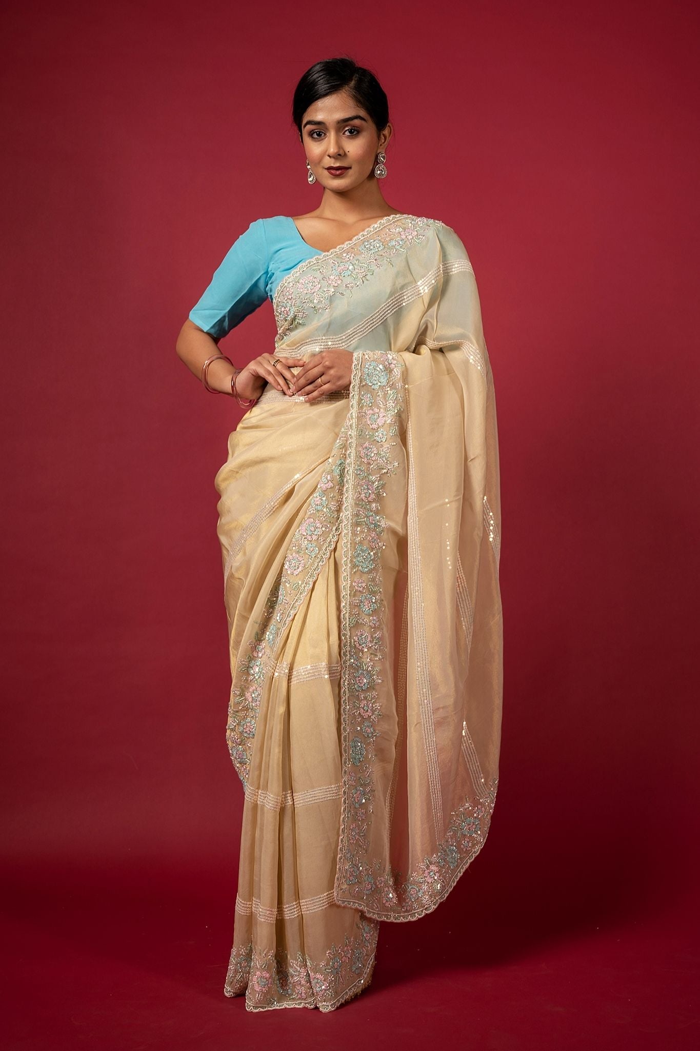 Cream organza  preal sequins fancy work handwork saree