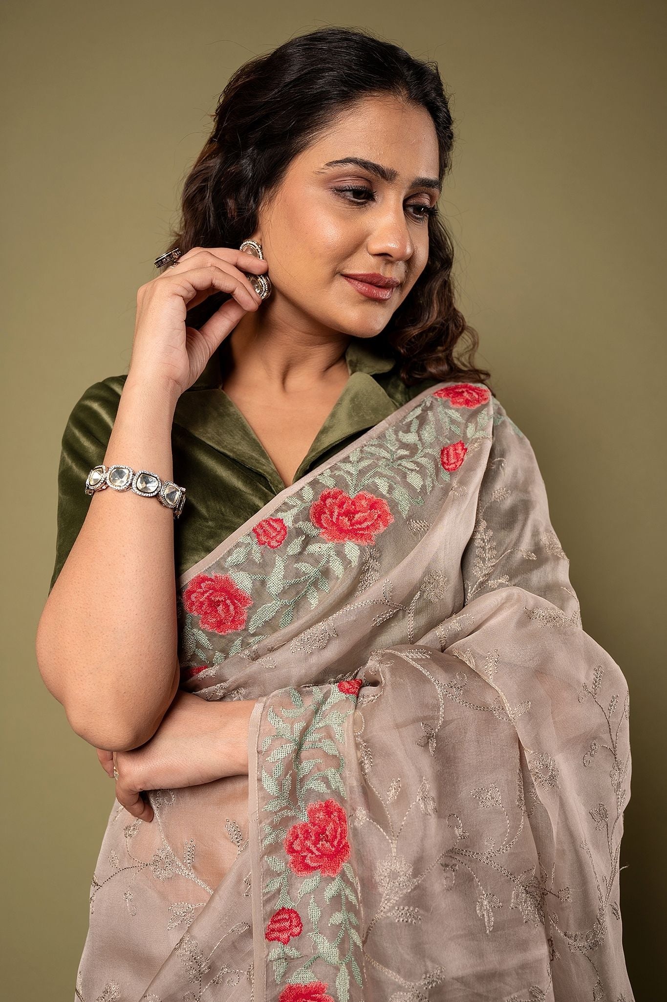Grey Organza  resham border jaal handwork saree