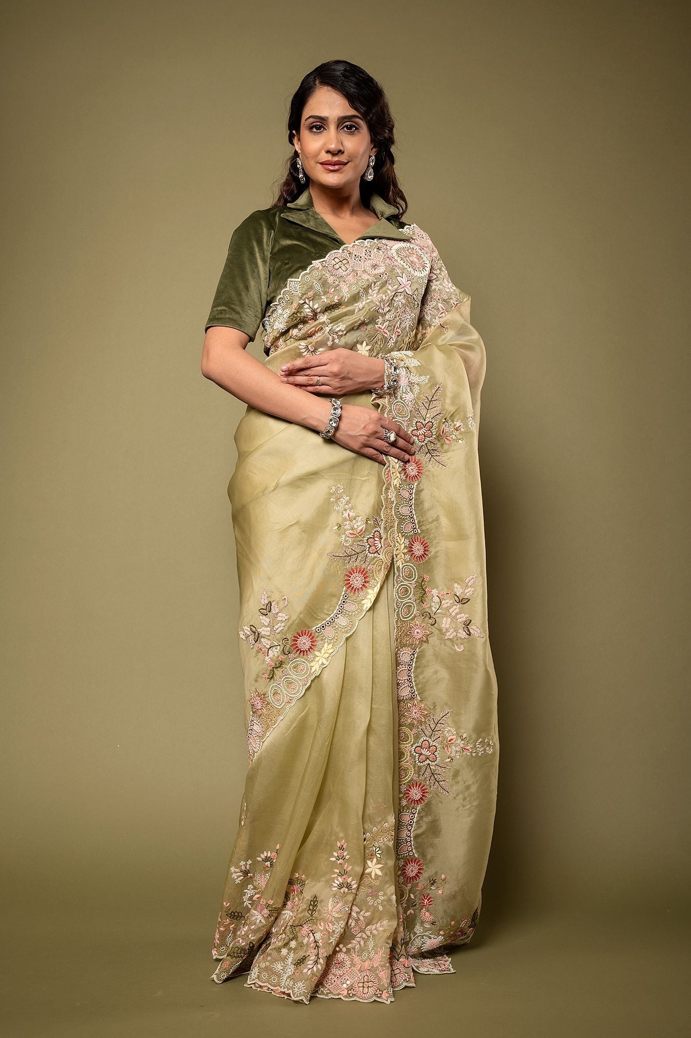 Mint Organza  Resham Zardozi border butti handwork saree