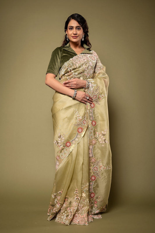 Pure Organza Resham Pearl Work Saree