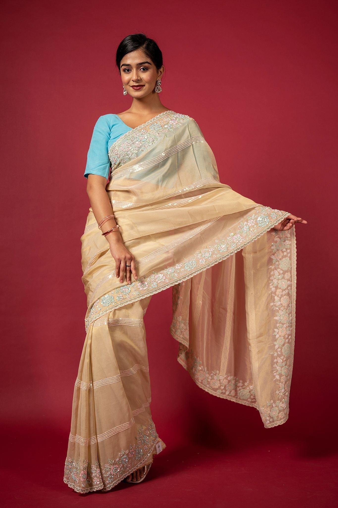 Cream organza  preal sequins fancy work handwork saree