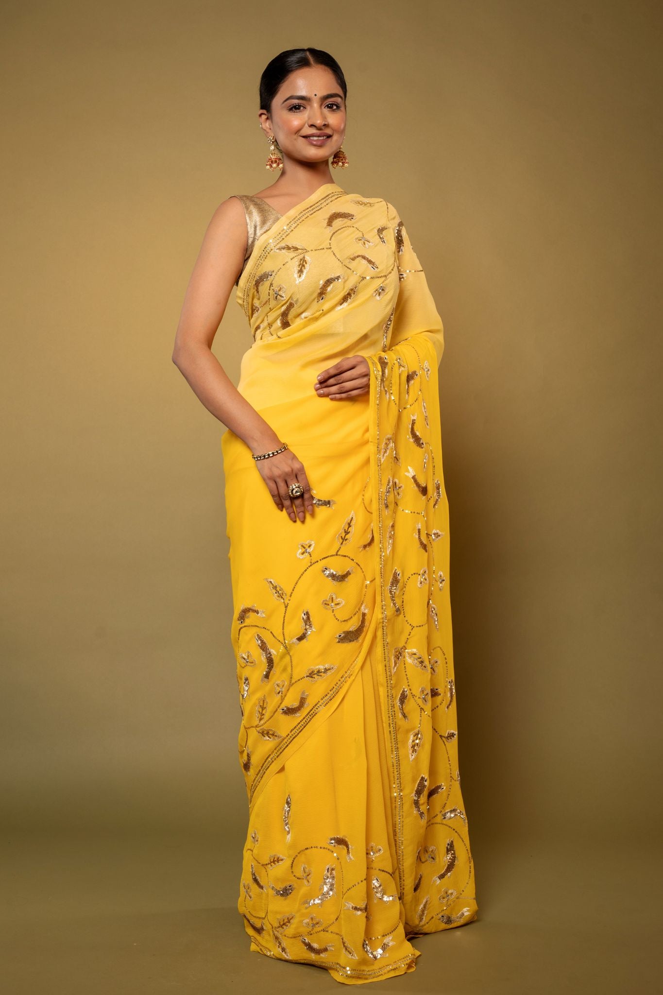 Yellow pure chiffon aari sequins  jaal handwork saree