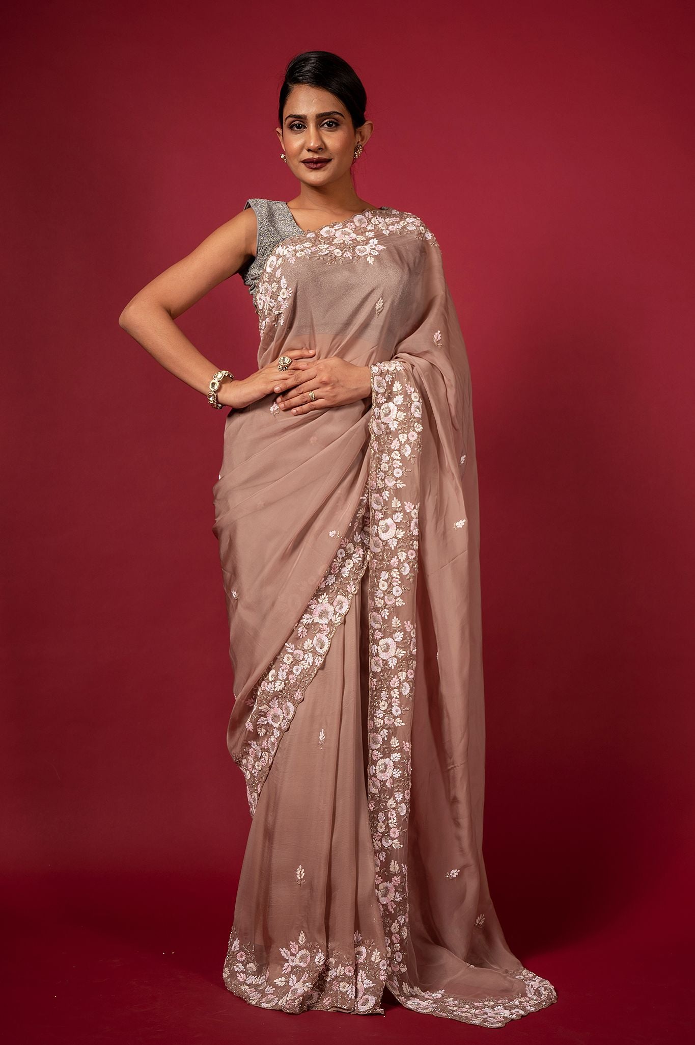 Sand organza sequins kardana handwork saree