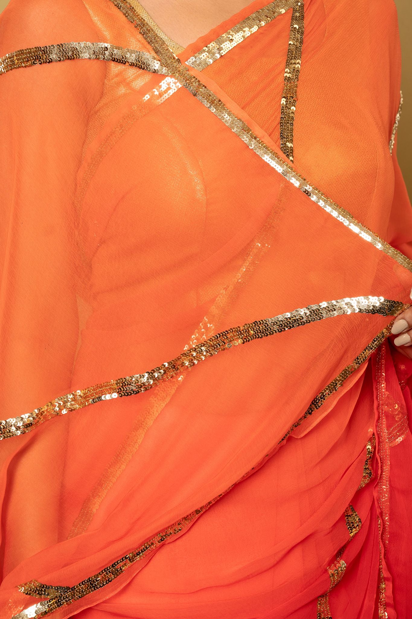 Orange light dark Viscose Chiffon sequins   handwork party wear saree