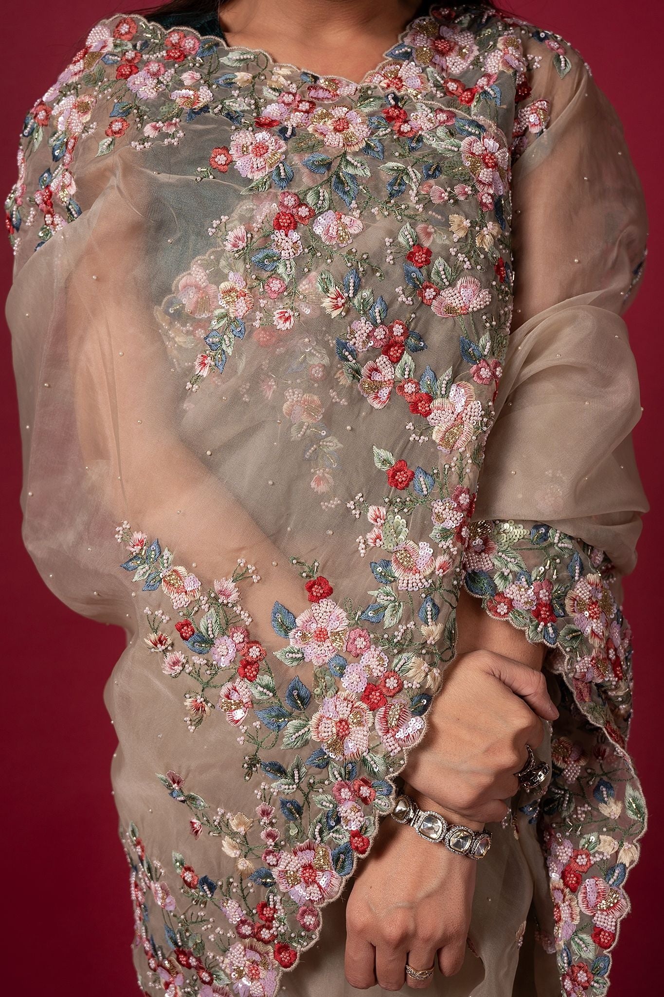 Sand organza  pearl  sequins kardana resham handwork saree