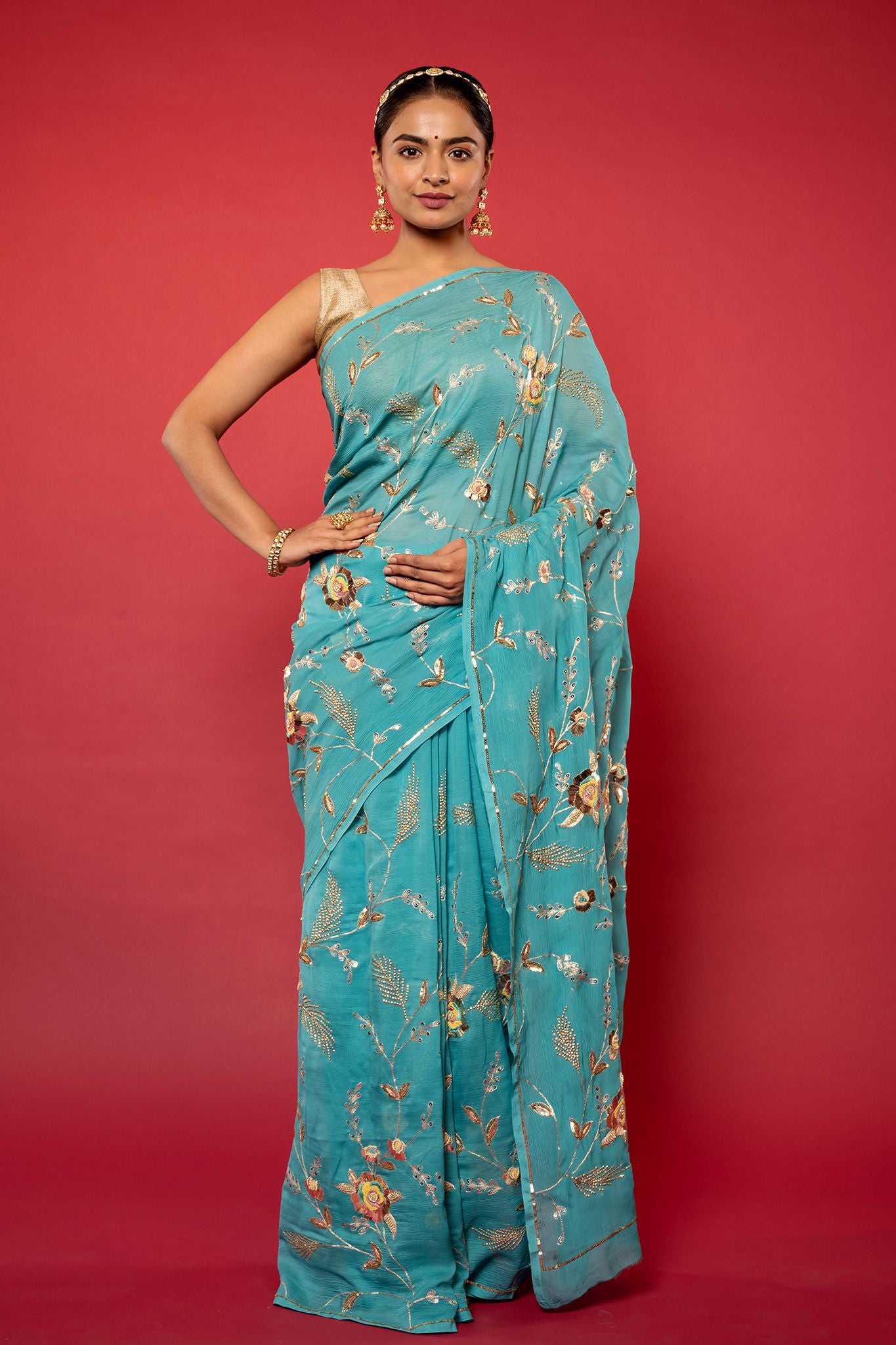 Turquoise  pure chiffon aari sequins  jaal handwork saree