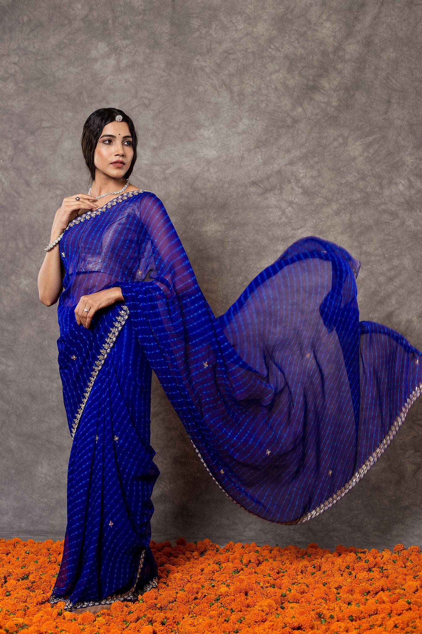Blue Lehariya Pure Georgette 20 Gsm Kardana sequins  border butti handwork traditional wear saree