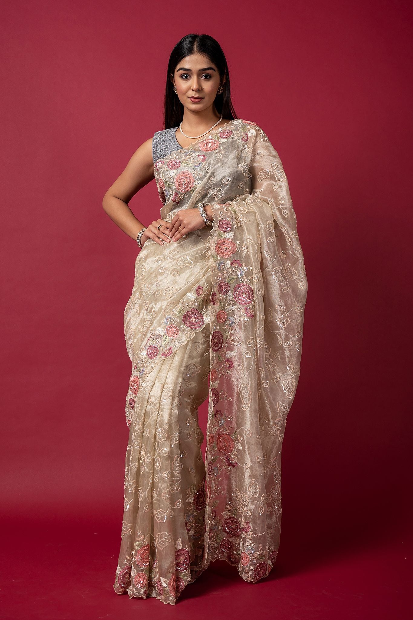 cream Tissue organza fancy sequins  handwork saree