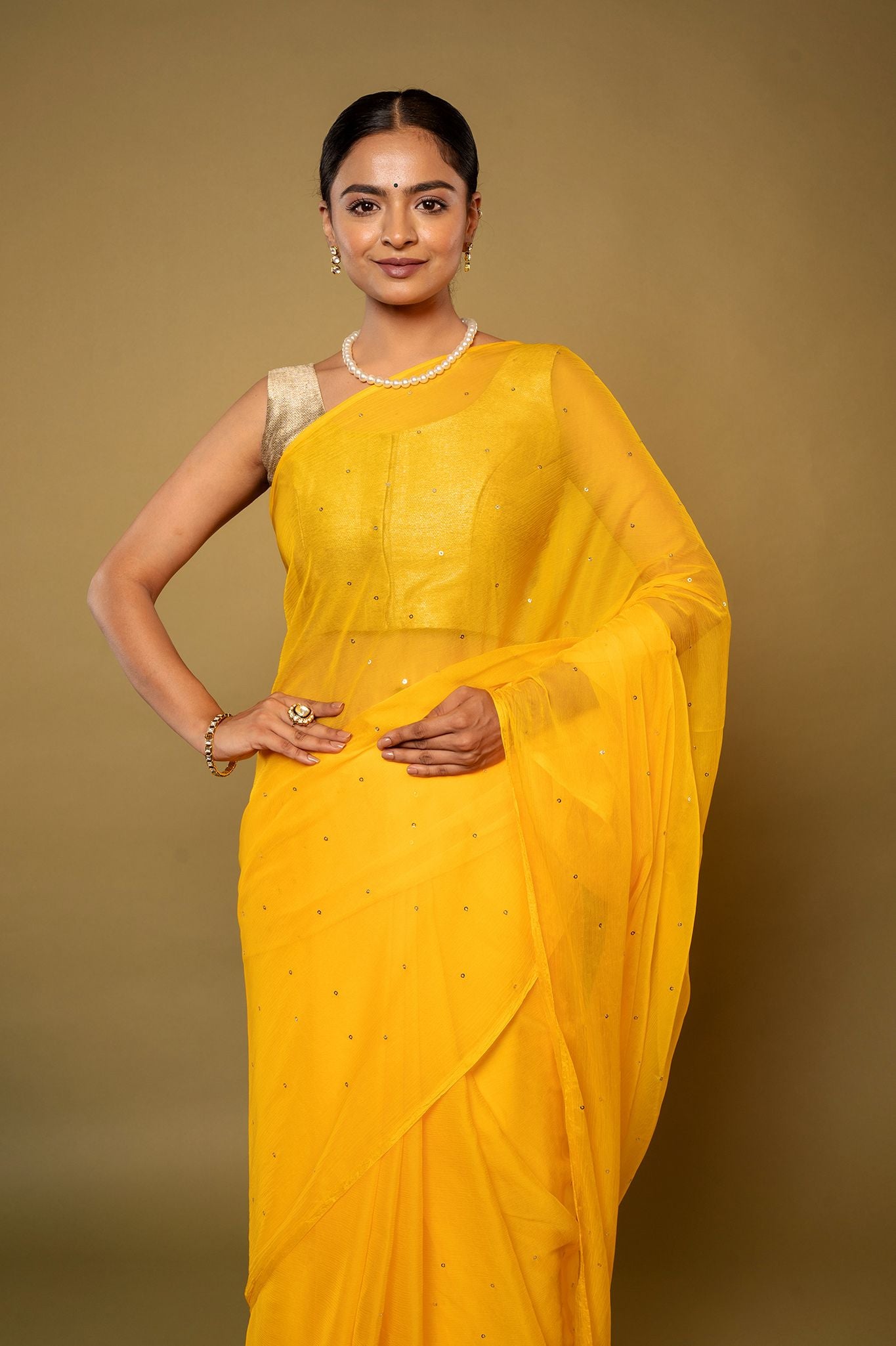 Yellow viscose chiffon Ringmukesh  handwork casual wear saree