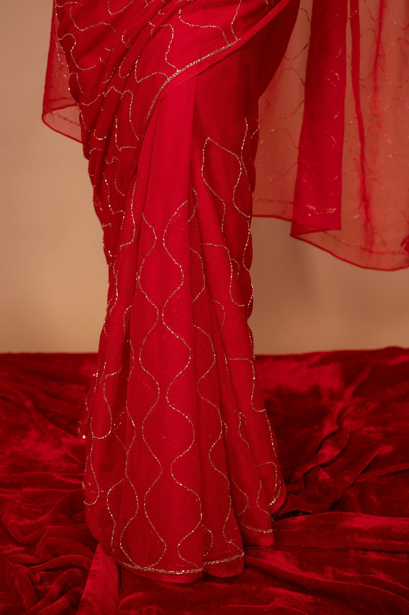 red Viscose Chiffon Kardana jaal  Handwork  Saree
