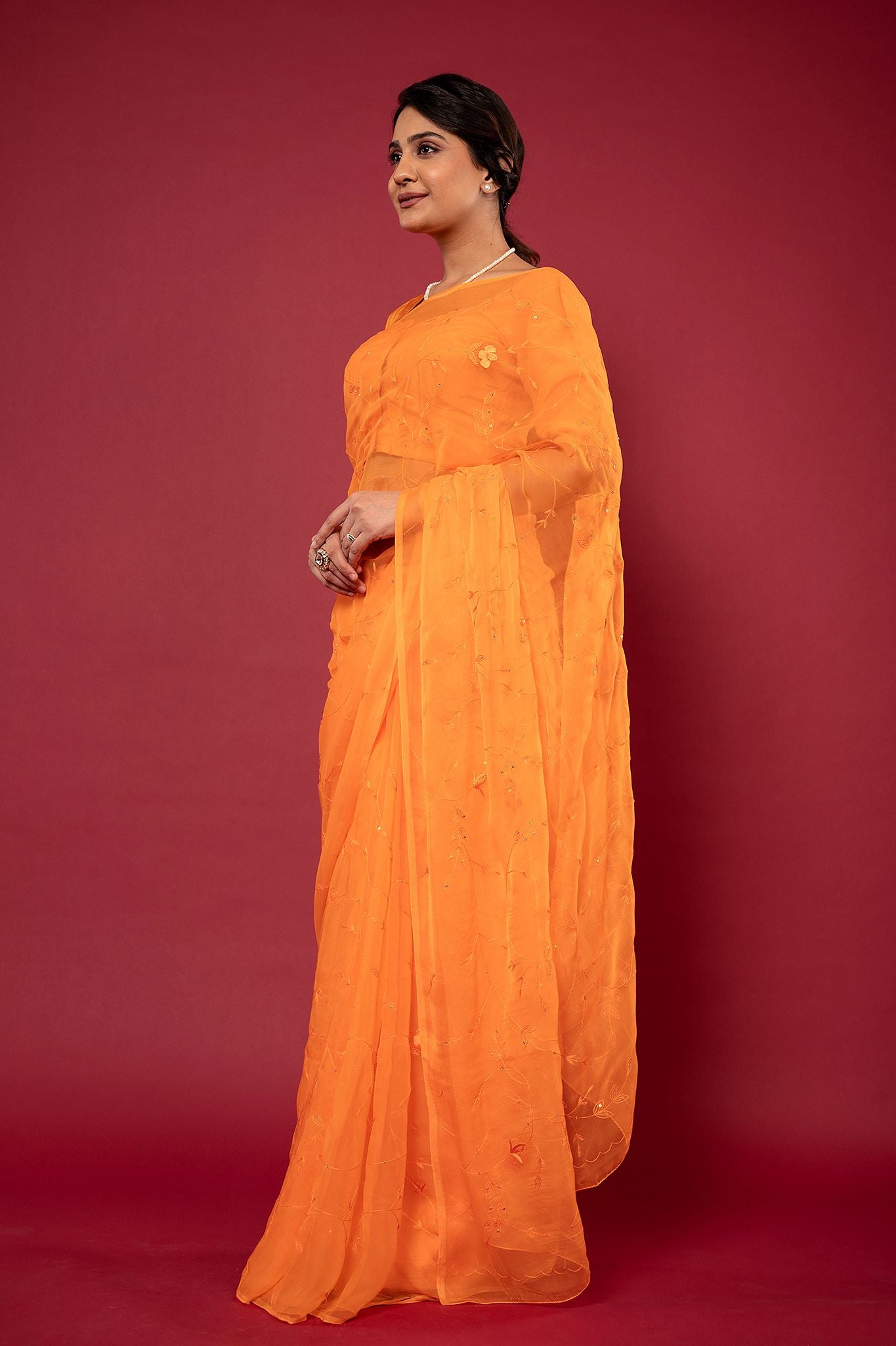 Orange viscose chiffon Resham Sequins jaal handwork casual wear saree