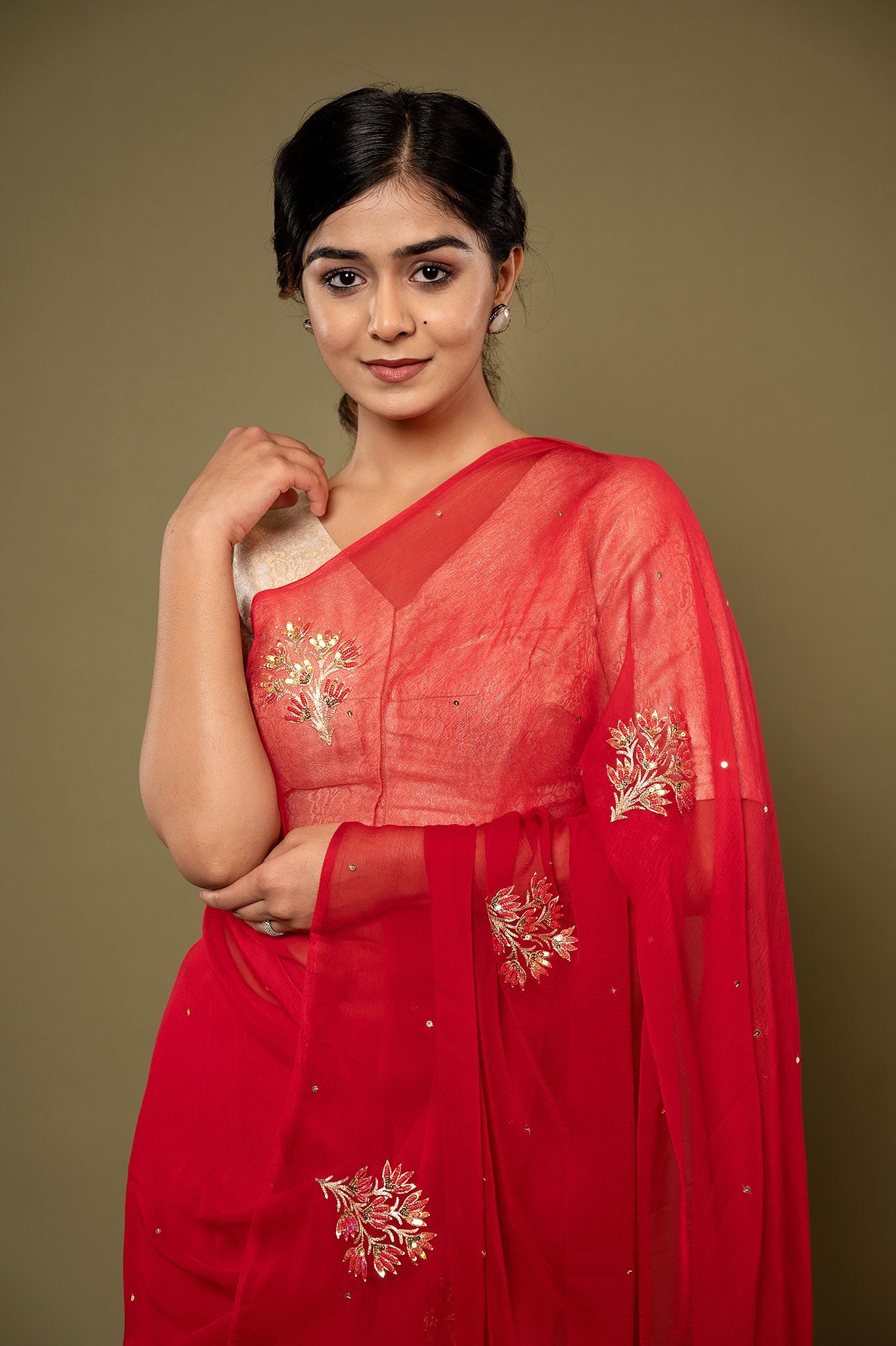 Red viscose chiffon aari sequins motif handwork casual wear saree