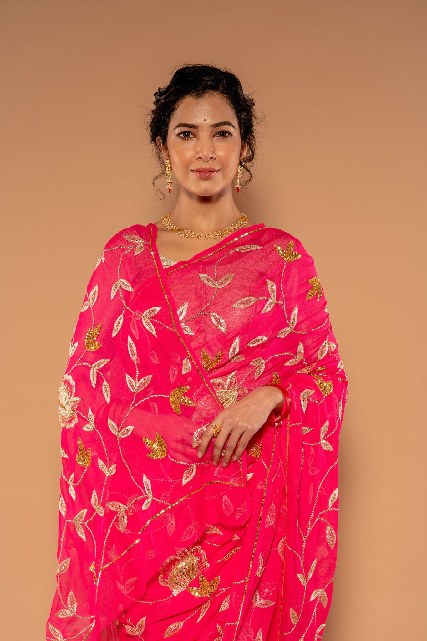 Gajri Pure Chiffon Aari sequins  Jaal Handwork Saree