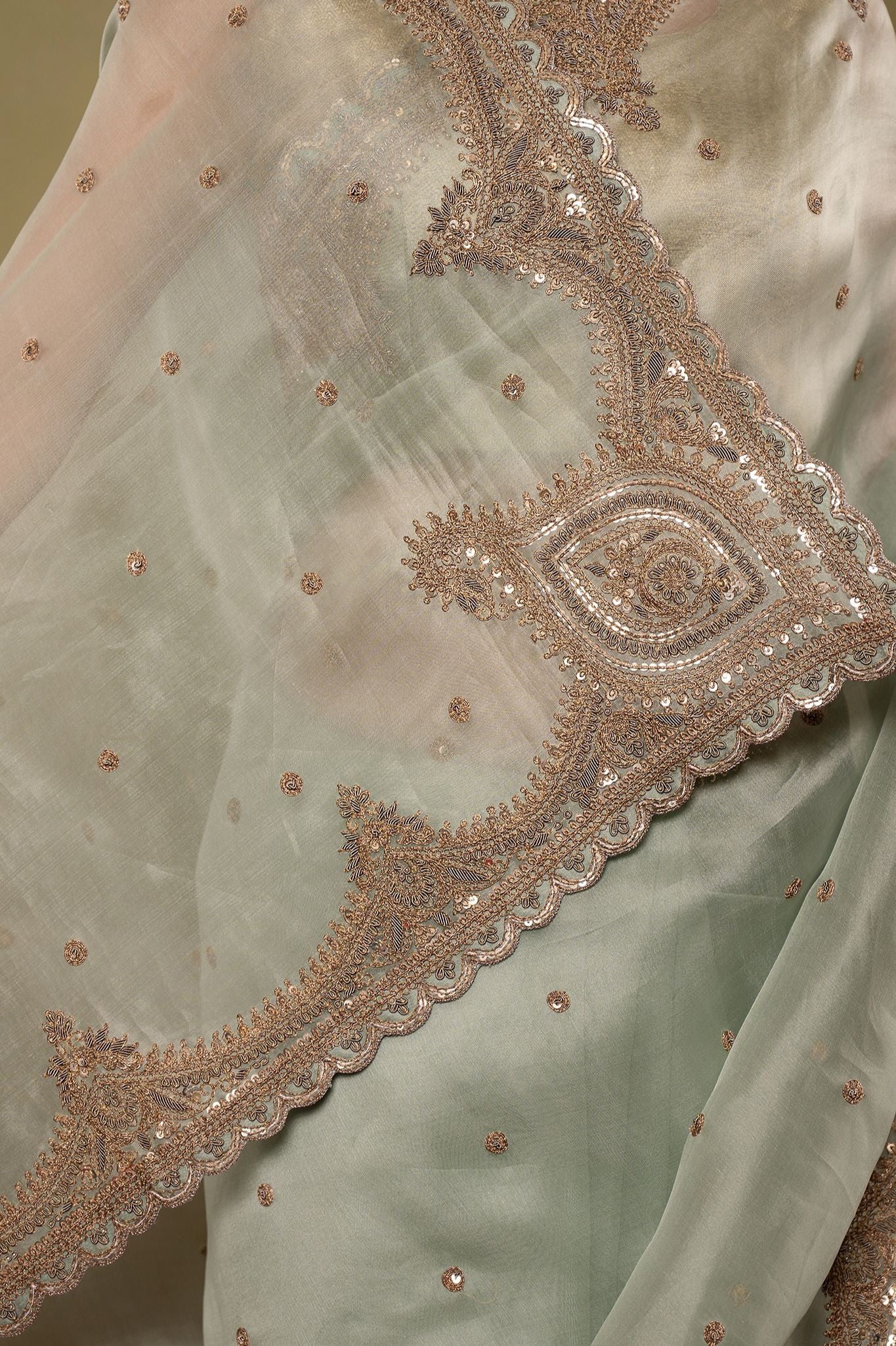 Greyish Green pure organza Dapka Marodi Border Butti  handwork saree