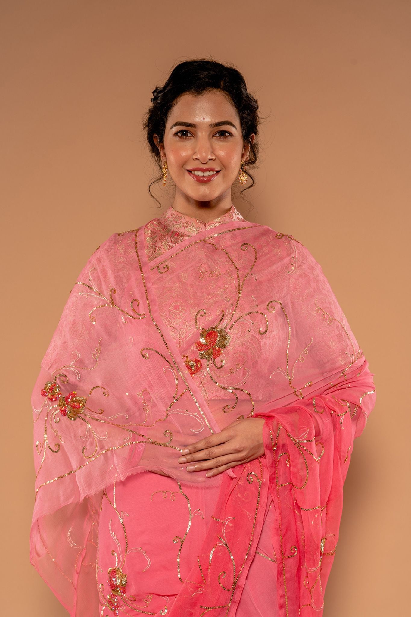Gajpri Pink Viscose Chiffon Sequnce Jaal with Motif Handwork  Saree