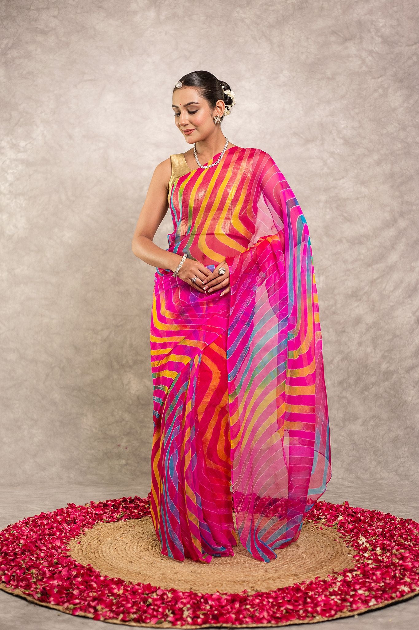 Multi lehariya  Pure Georgette 20 Gsm plain hand dyed traditional wear saree