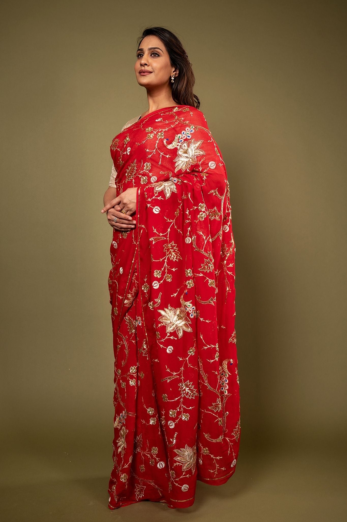 red pure chiffon aari sequins  jaal handwork saree