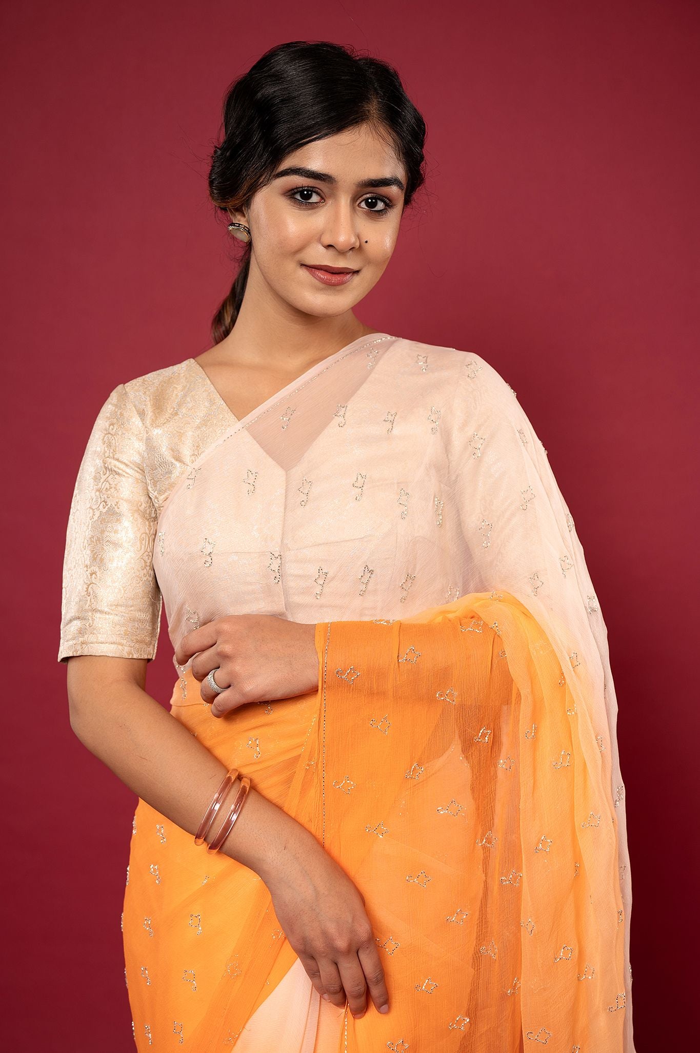 Peach light dark viscose chiffon kardana motif handwork casual wear saree