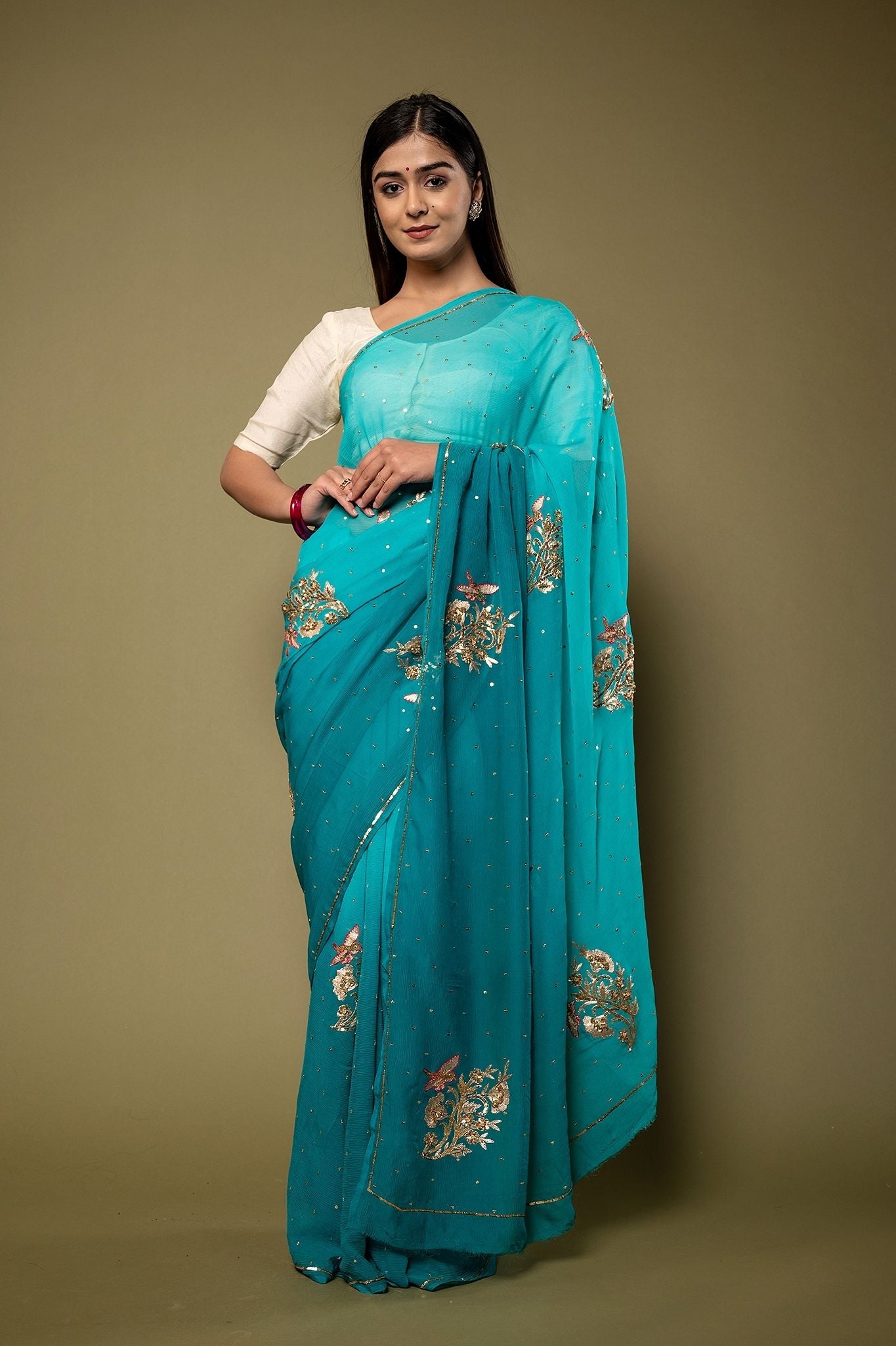 Rama Blue Light dark Pure Chiffon sequins  motif  handwork saree