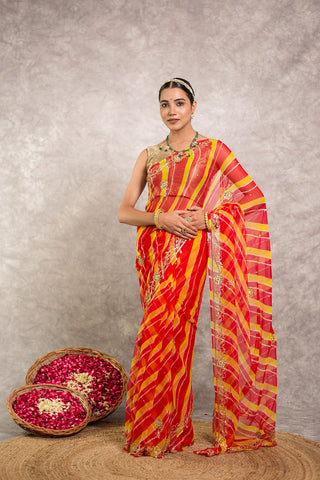 Orange pure georgette Lehariya Saree