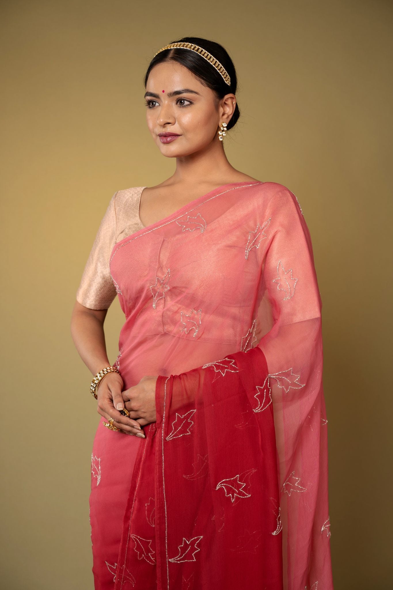 Burgundy red viscose chiffon kardana  handwork casual wear saree