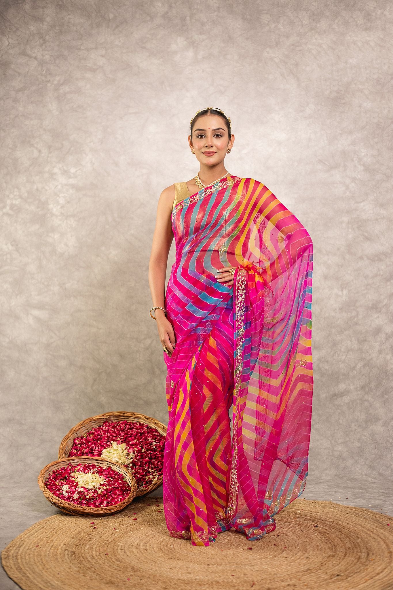 Multi lehariya  Pure Georgette 20 Gsm aari sequins  border butti handwork traditional wear saree