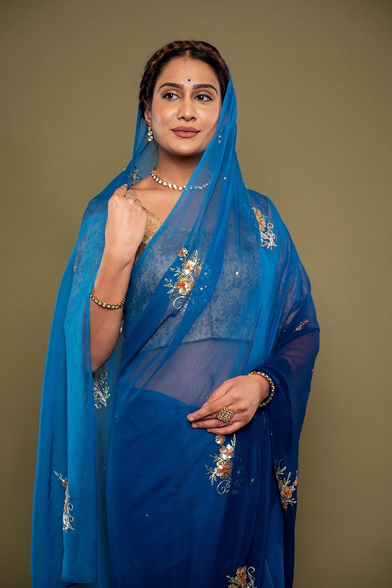 blue viscose chiffon aari sequns handwork saree
