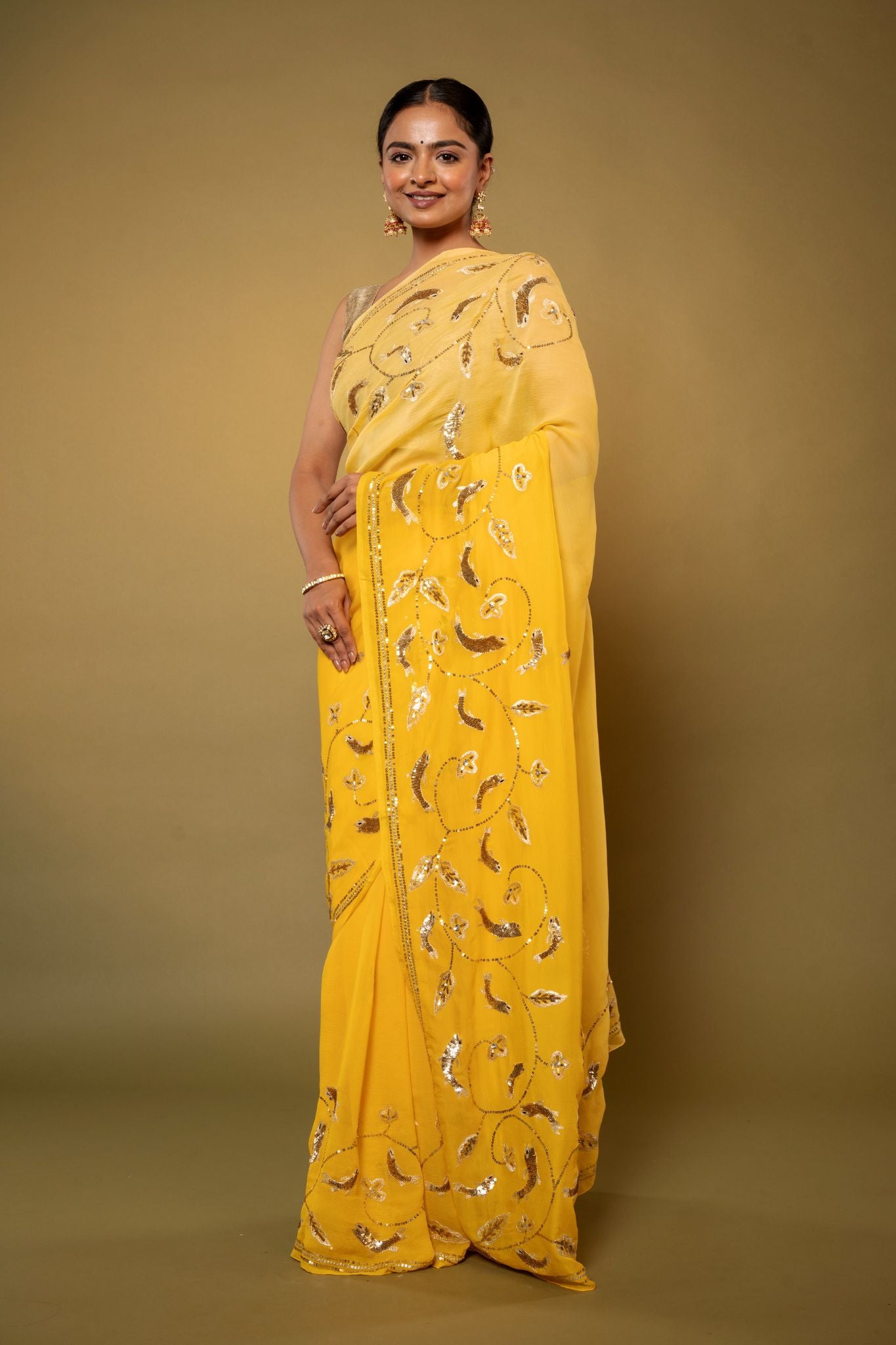 Yellow pure chiffon aari sequins  jaal handwork saree